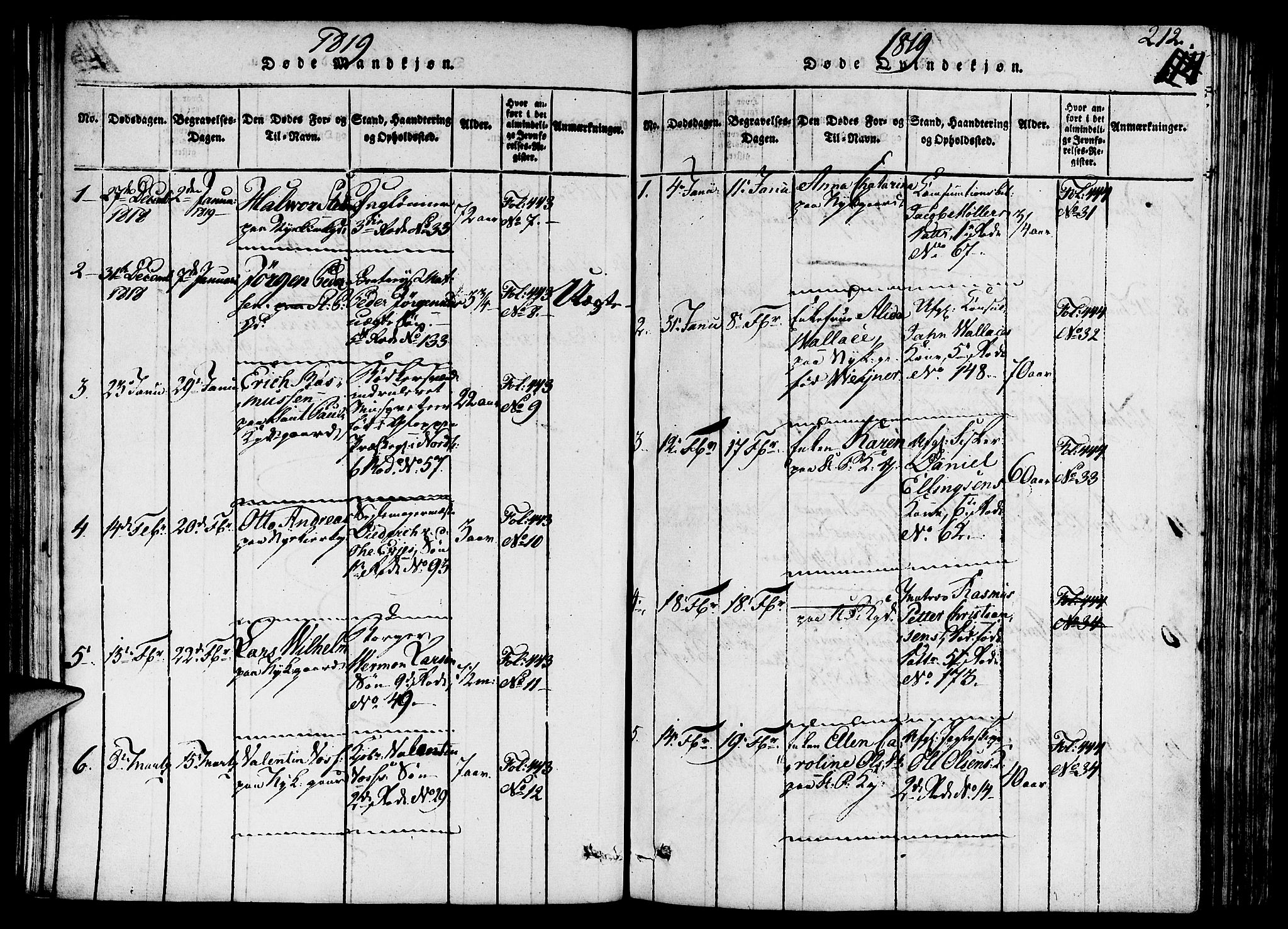 Nykirken Sokneprestembete, AV/SAB-A-77101/H/Hab/L0003: Klokkerbok nr. A 4, 1816-1821, s. 212