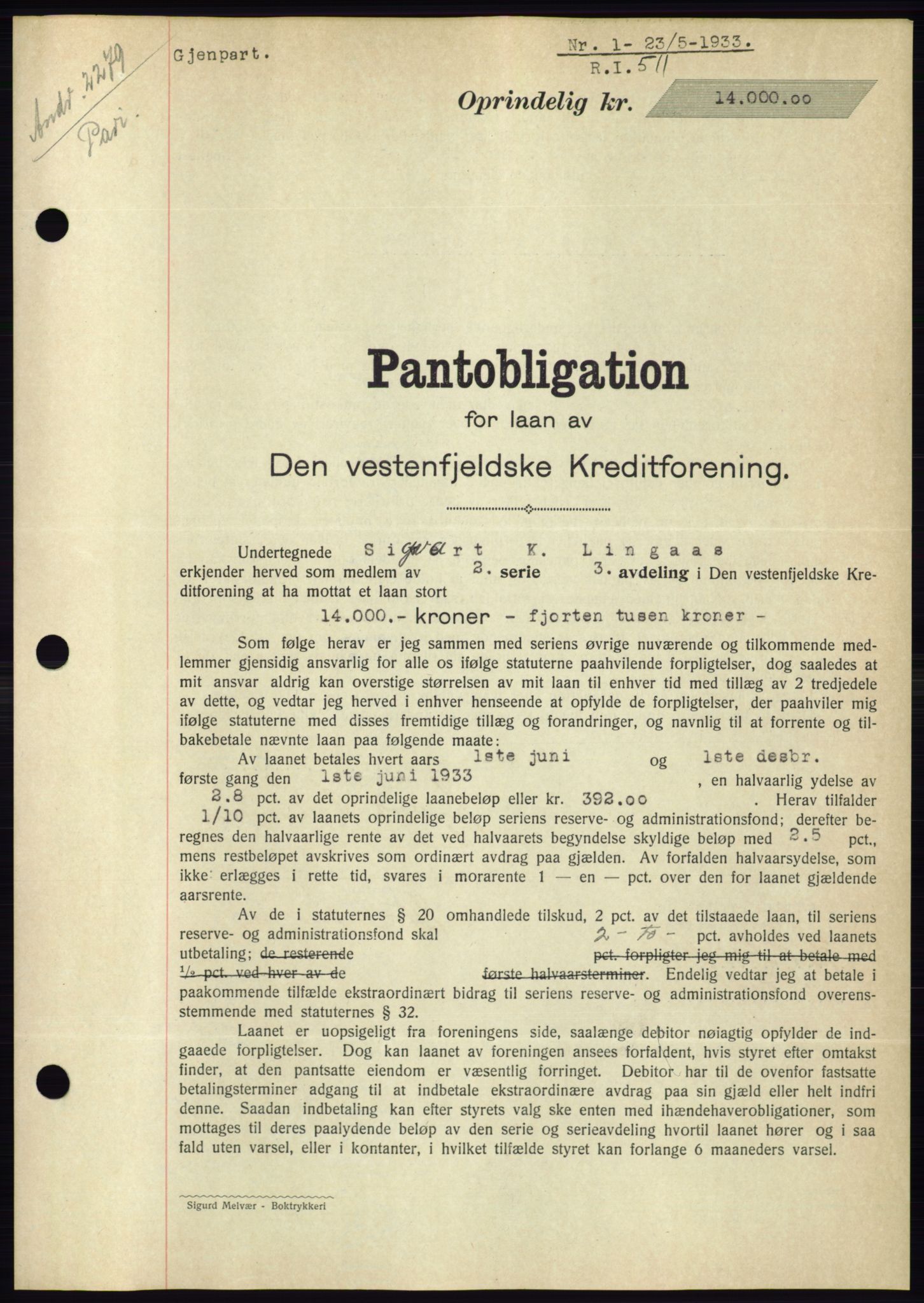 Ålesund byfogd, SAT/A-4384: Pantebok nr. 30, 1932-1933, Tingl.dato: 23.05.1933