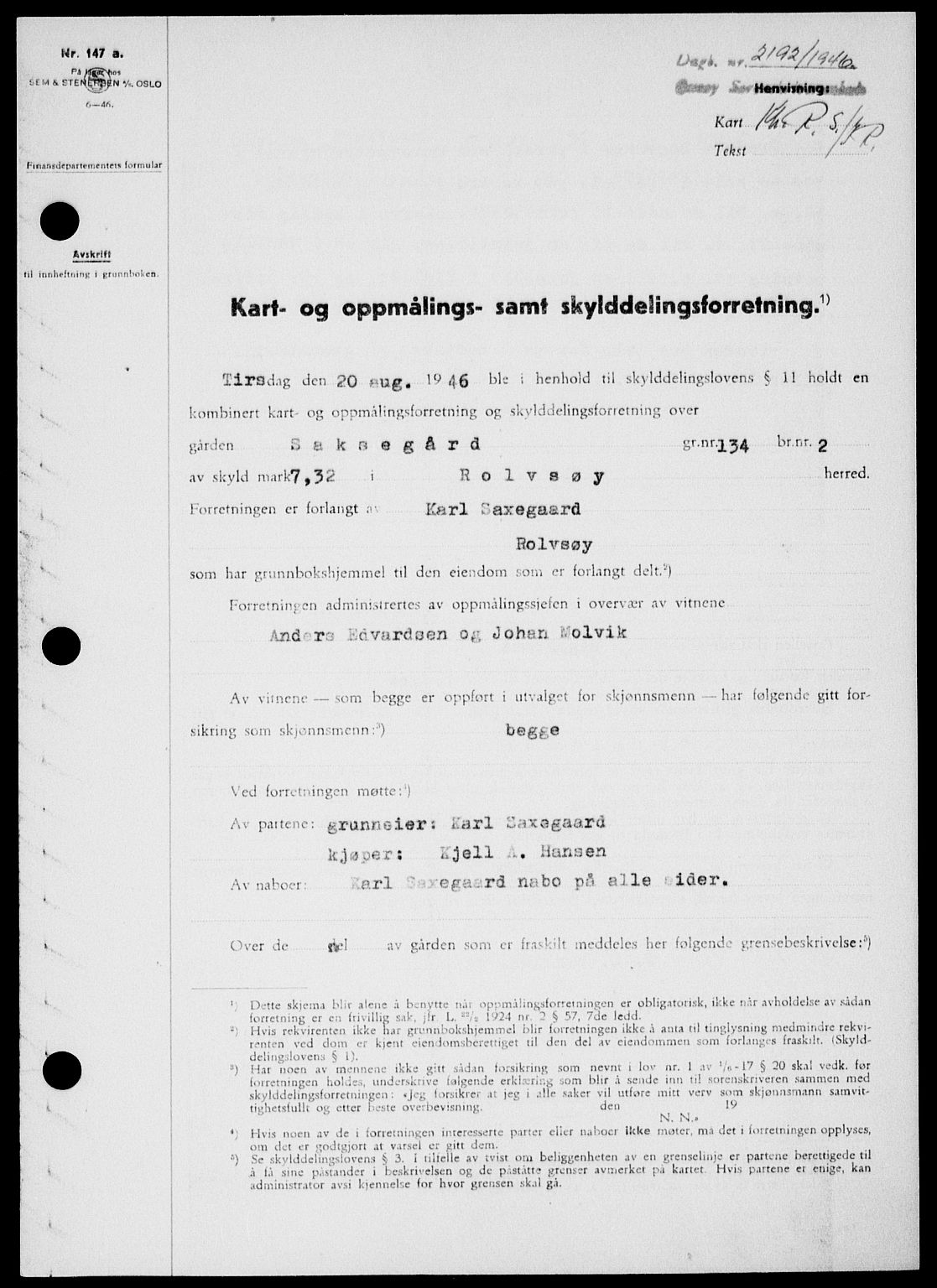 Onsøy sorenskriveri, SAO/A-10474/G/Ga/Gab/L0017: Pantebok nr. II A-17, 1946-1946, Dagboknr: 2192/1946