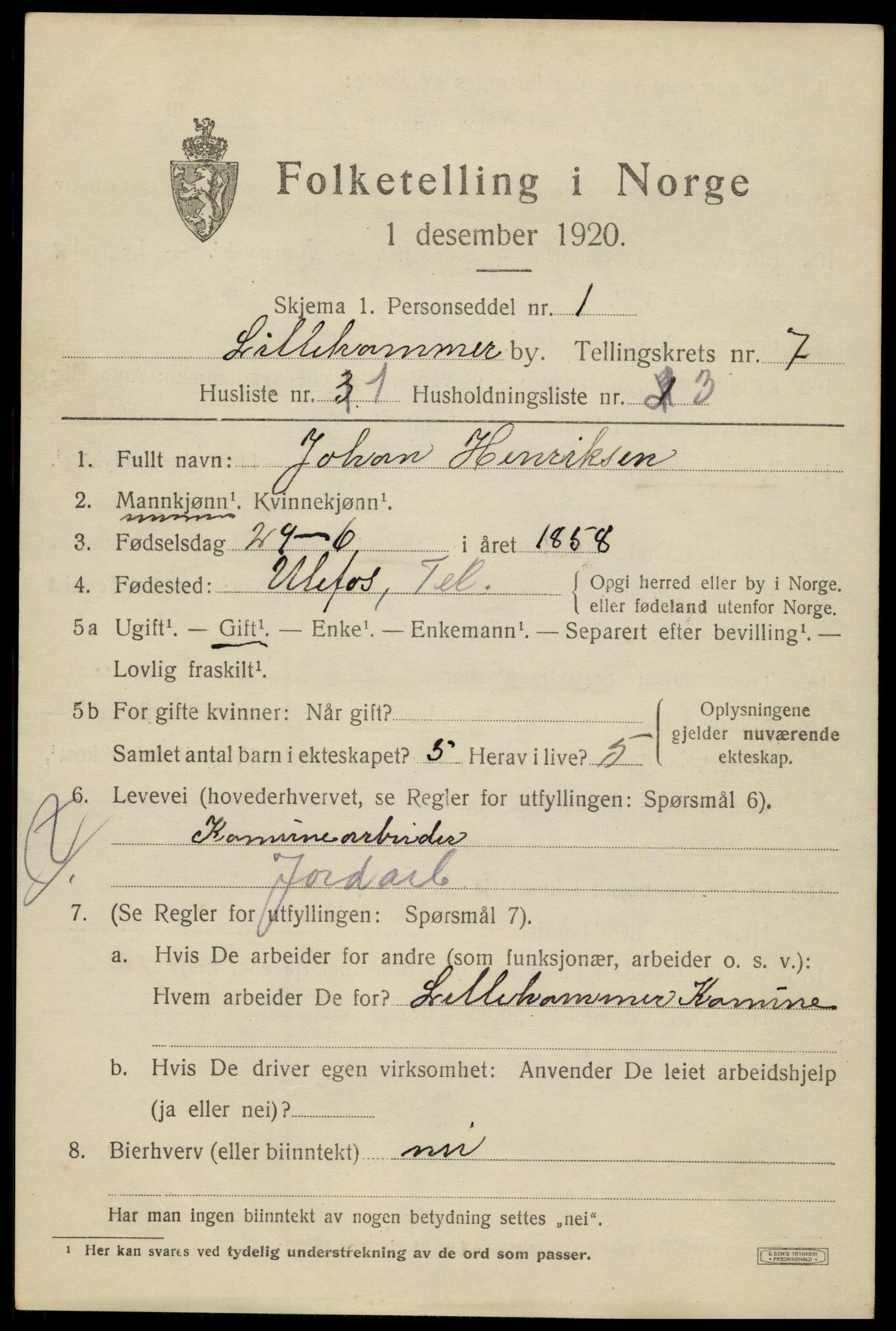 SAH, Folketelling 1920 for 0501 Lillehammer kjøpstad, 1920, s. 9426