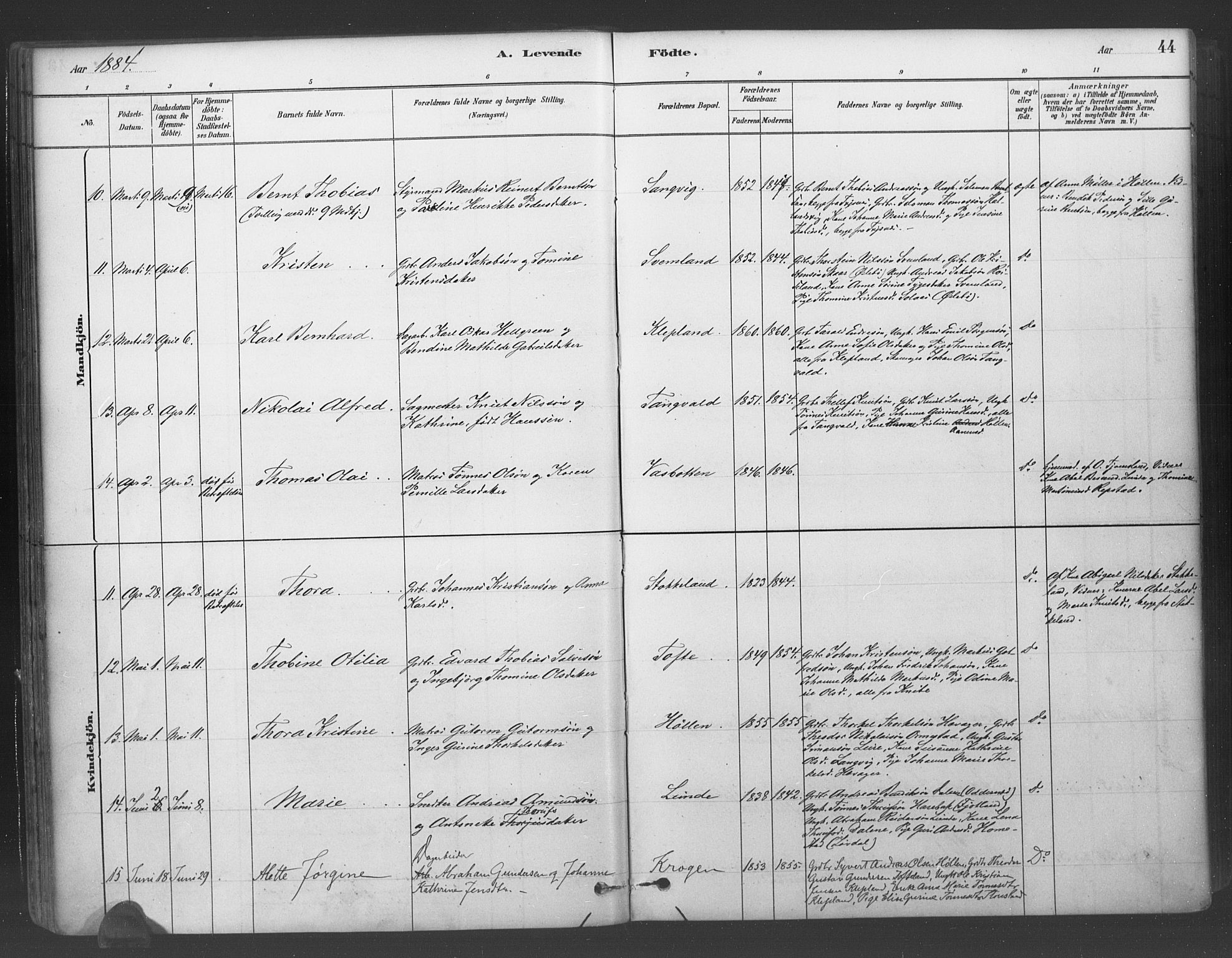 Søgne sokneprestkontor, AV/SAK-1111-0037/F/Fa/Fab/L0012: Ministerialbok nr. A 12, 1880-1891, s. 44