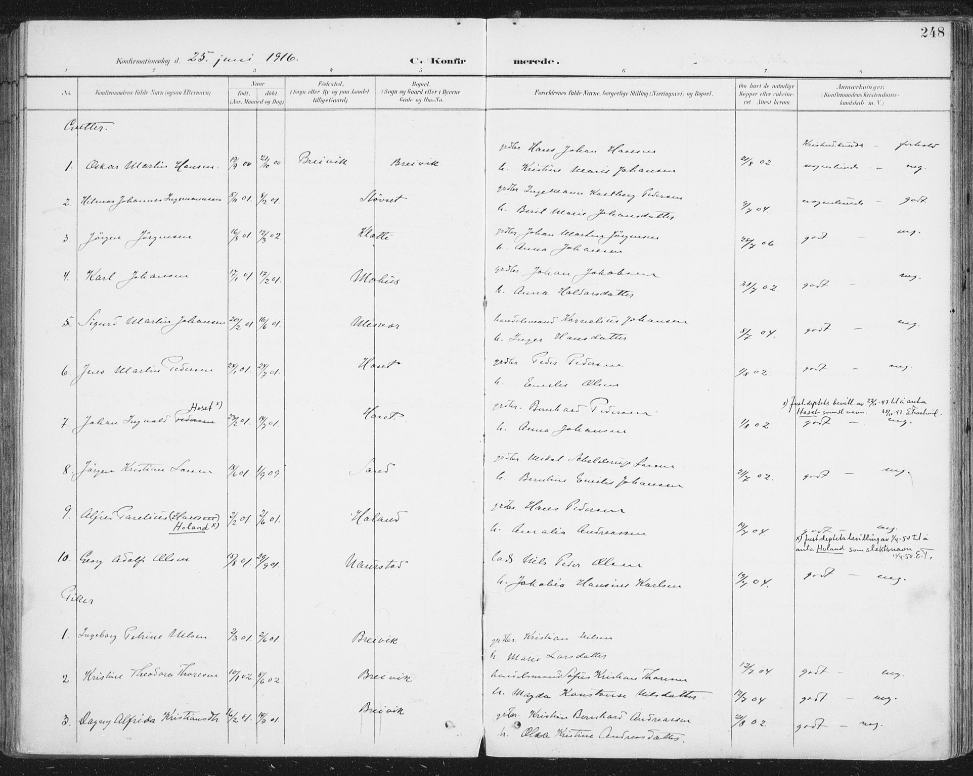 Ministerialprotokoller, klokkerbøker og fødselsregistre - Nordland, SAT/A-1459/852/L0741: Ministerialbok nr. 852A11, 1894-1917, s. 248