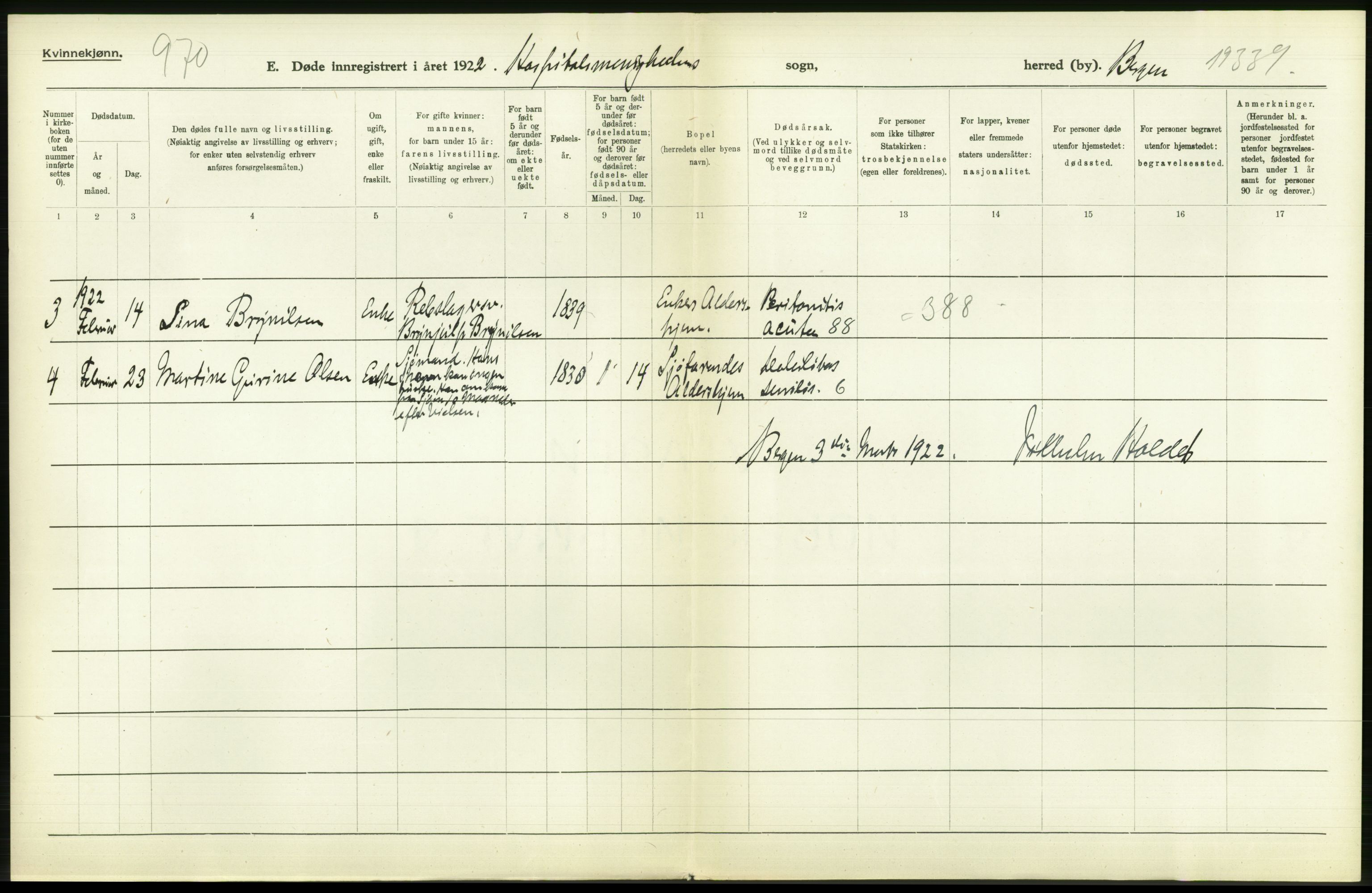 Statistisk sentralbyrå, Sosiodemografiske emner, Befolkning, AV/RA-S-2228/D/Df/Dfc/Dfcb/L0030: Bergen: Gifte, døde, dødfødte., 1922, s. 424