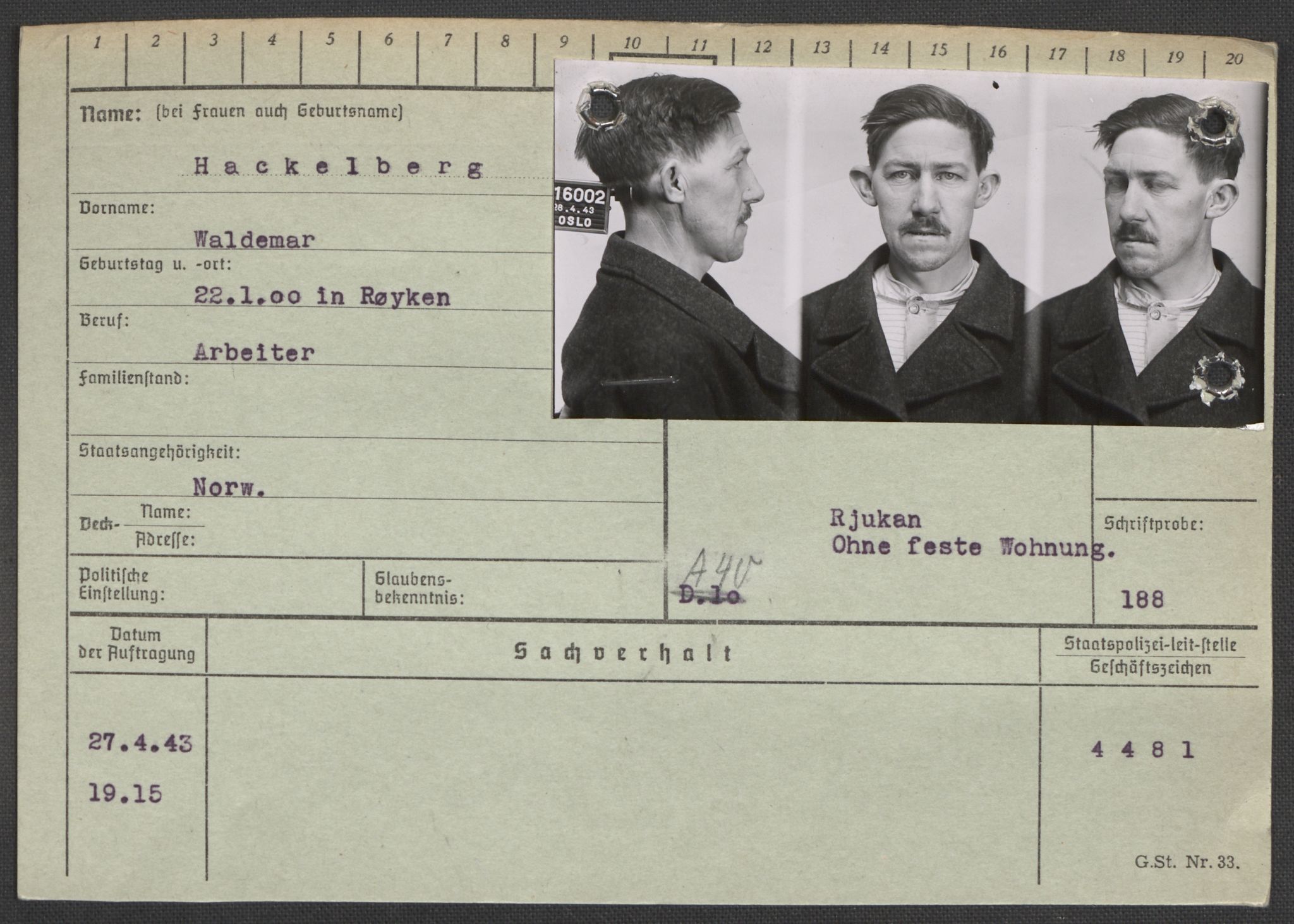 Befehlshaber der Sicherheitspolizei und des SD, RA/RAFA-5969/E/Ea/Eaa/L0003: Register over norske fanger i Møllergata 19: Eng-Hag, 1940-1945, s. 1372