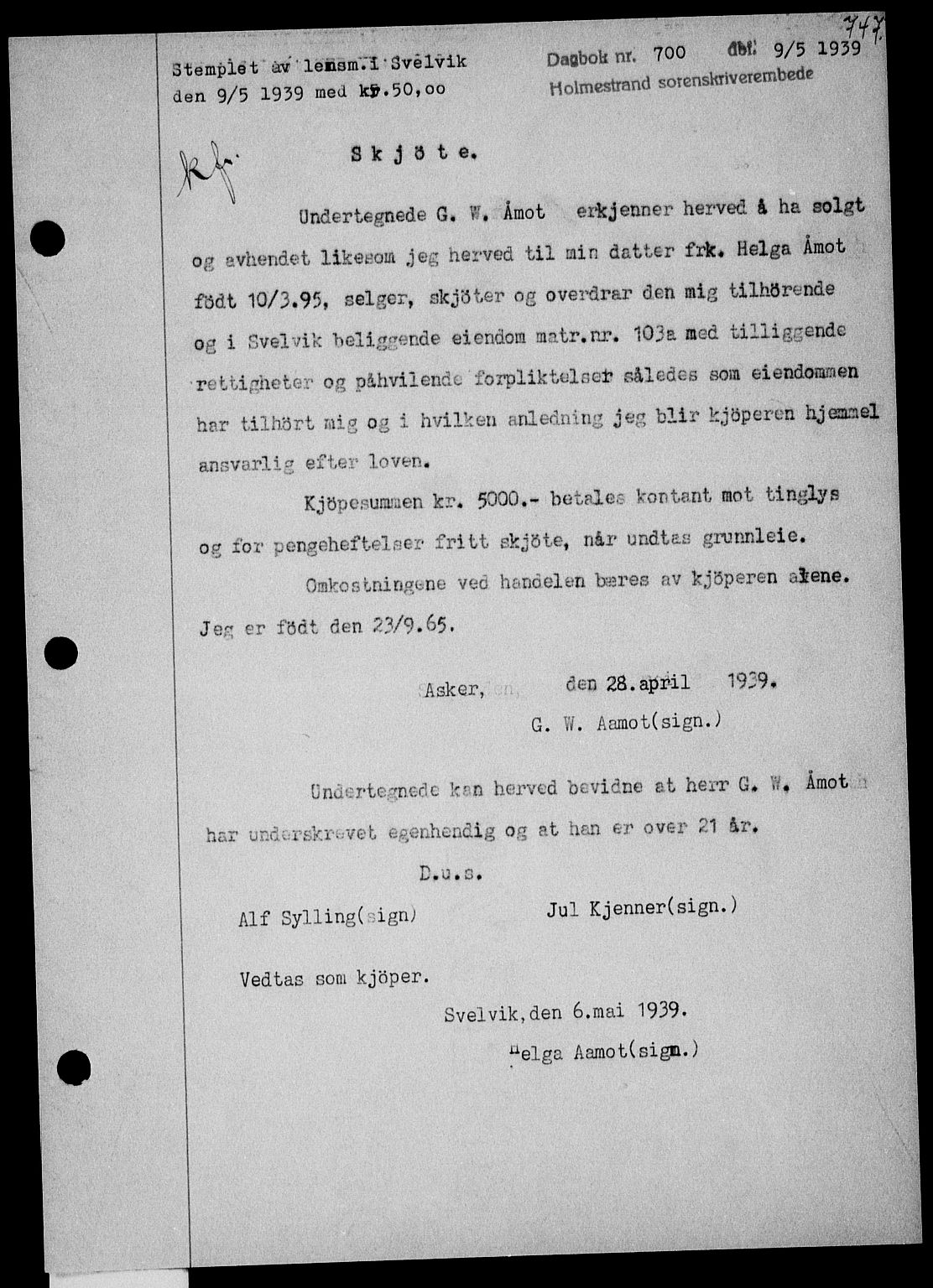 Holmestrand sorenskriveri, SAKO/A-67/G/Ga/Gaa/L0050: Pantebok nr. A-50, 1938-1939, Dagboknr: 700/1939