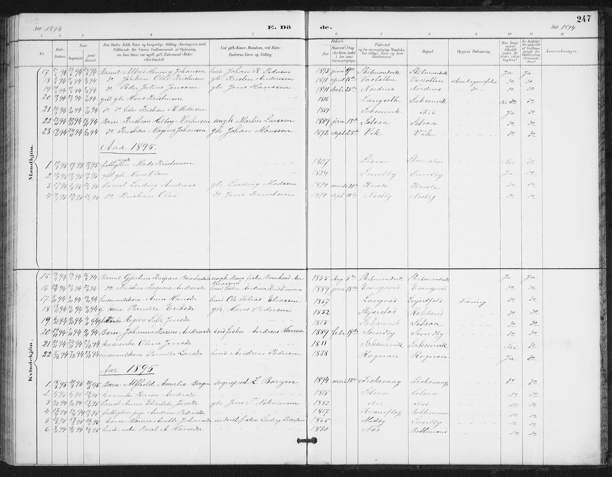 Ministerialprotokoller, klokkerbøker og fødselsregistre - Nordland, SAT/A-1459/847/L0682: Klokkerbok nr. 847C10, 1889-1907, s. 247