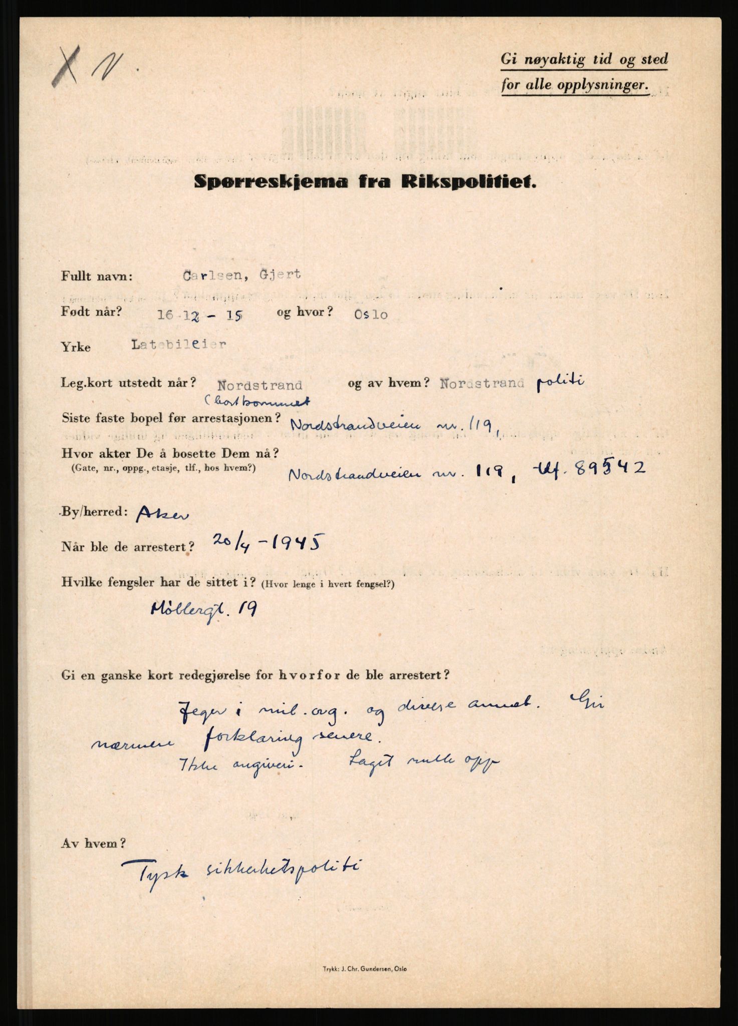 Rikspolitisjefen, AV/RA-S-1560/L/L0009: Karlsen, Aksel Emanuel - Kristiansen, Øivind Vetre, 1940-1945, s. 43