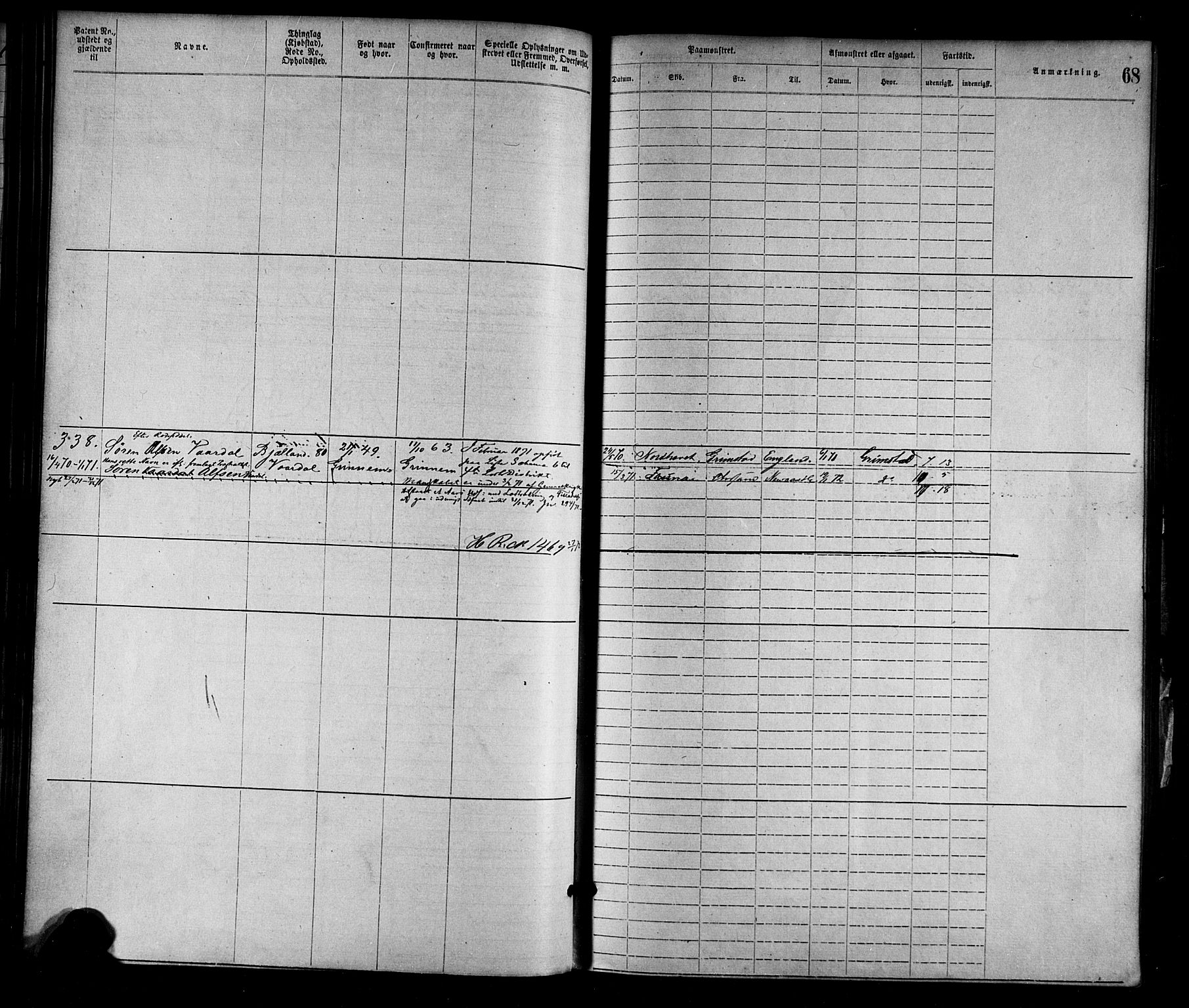 Mandal mønstringskrets, AV/SAK-2031-0016/F/Fa/L0001: Annotasjonsrulle nr 1-1920 med register, L-3, 1869-1881, s. 96