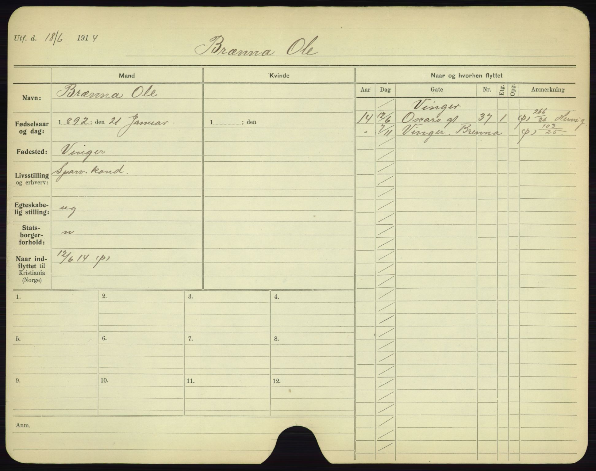 Oslo folkeregister, Registerkort, AV/SAO-A-11715/F/Fa/Fac/L0002: Menn, 1906-1914, s. 282a