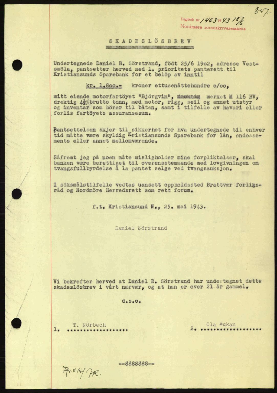 Nordmøre sorenskriveri, SAT/A-4132/1/2/2Ca: Pantebok nr. B90, 1942-1943, Dagboknr: 1463/1943
