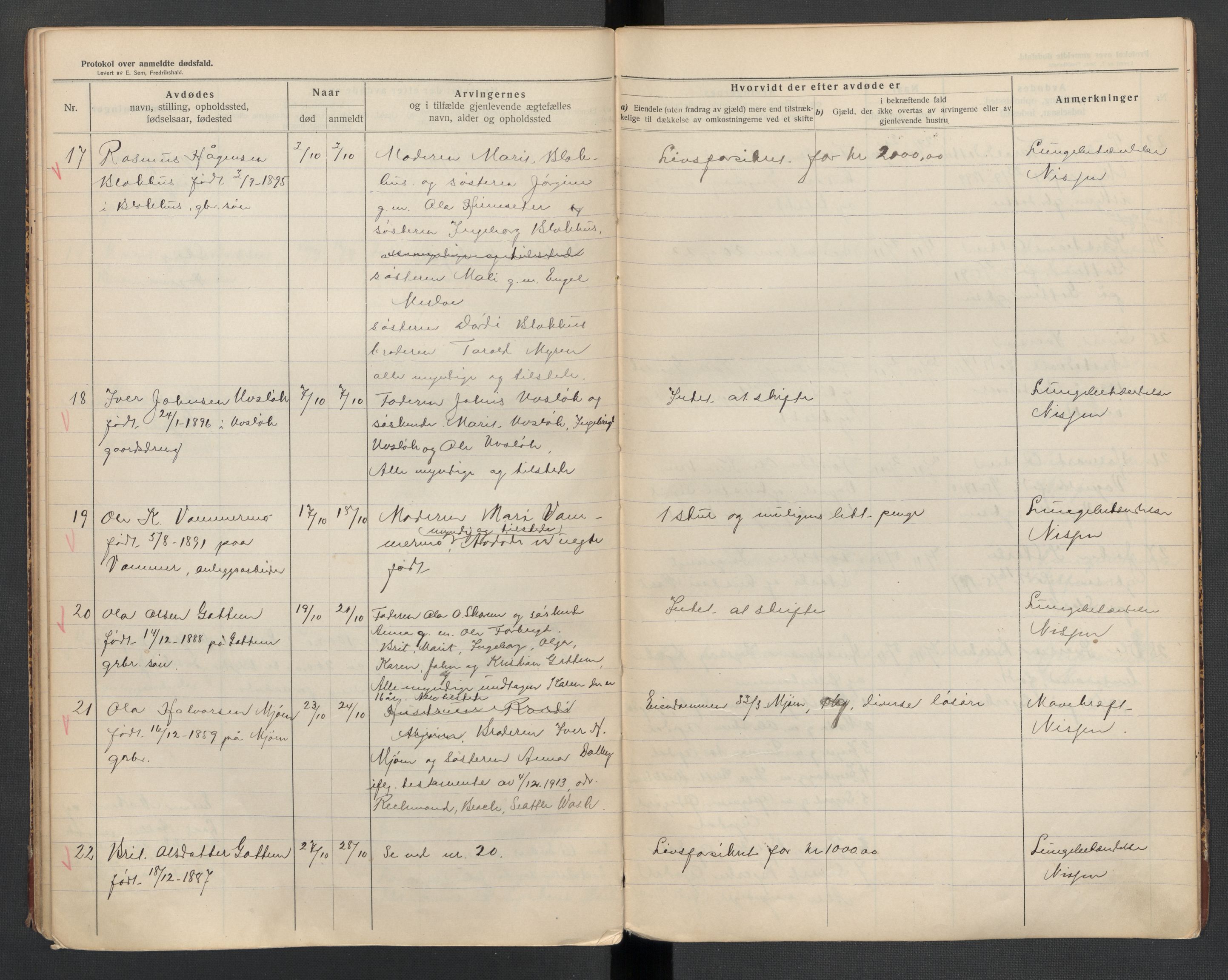 Oppdal lensmannskontor, AV/SAT-A-1073/1/02/L0002: 2.01.02 Dødsfallsprotokoll, 1911-1919