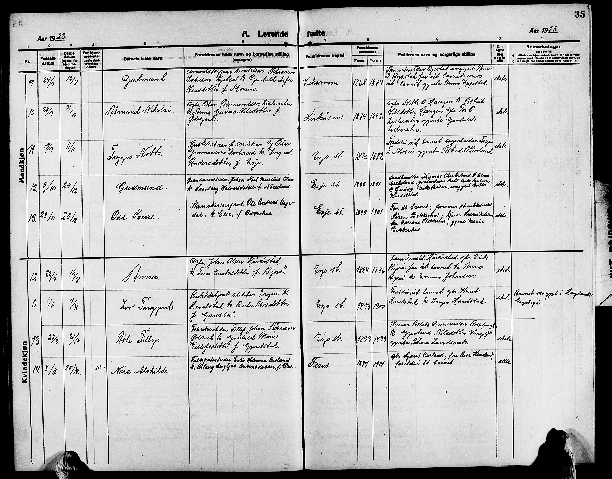 Evje sokneprestkontor, AV/SAK-1111-0008/F/Fb/Fba/L0005: Klokkerbok nr. B 5, 1914-1926, s. 35