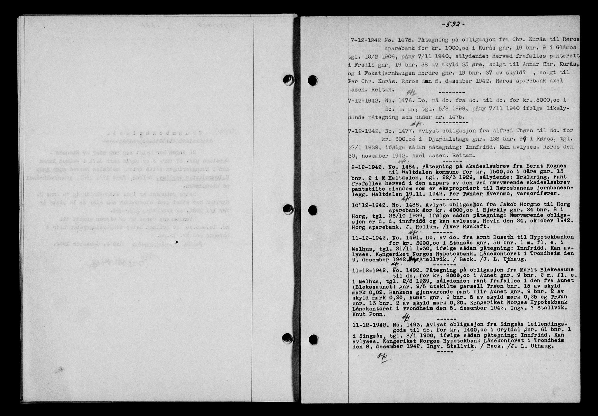 Gauldal sorenskriveri, SAT/A-0014/1/2/2C/L0055: Pantebok nr. 60, 1942-1942, Dagboknr: 1475/1942