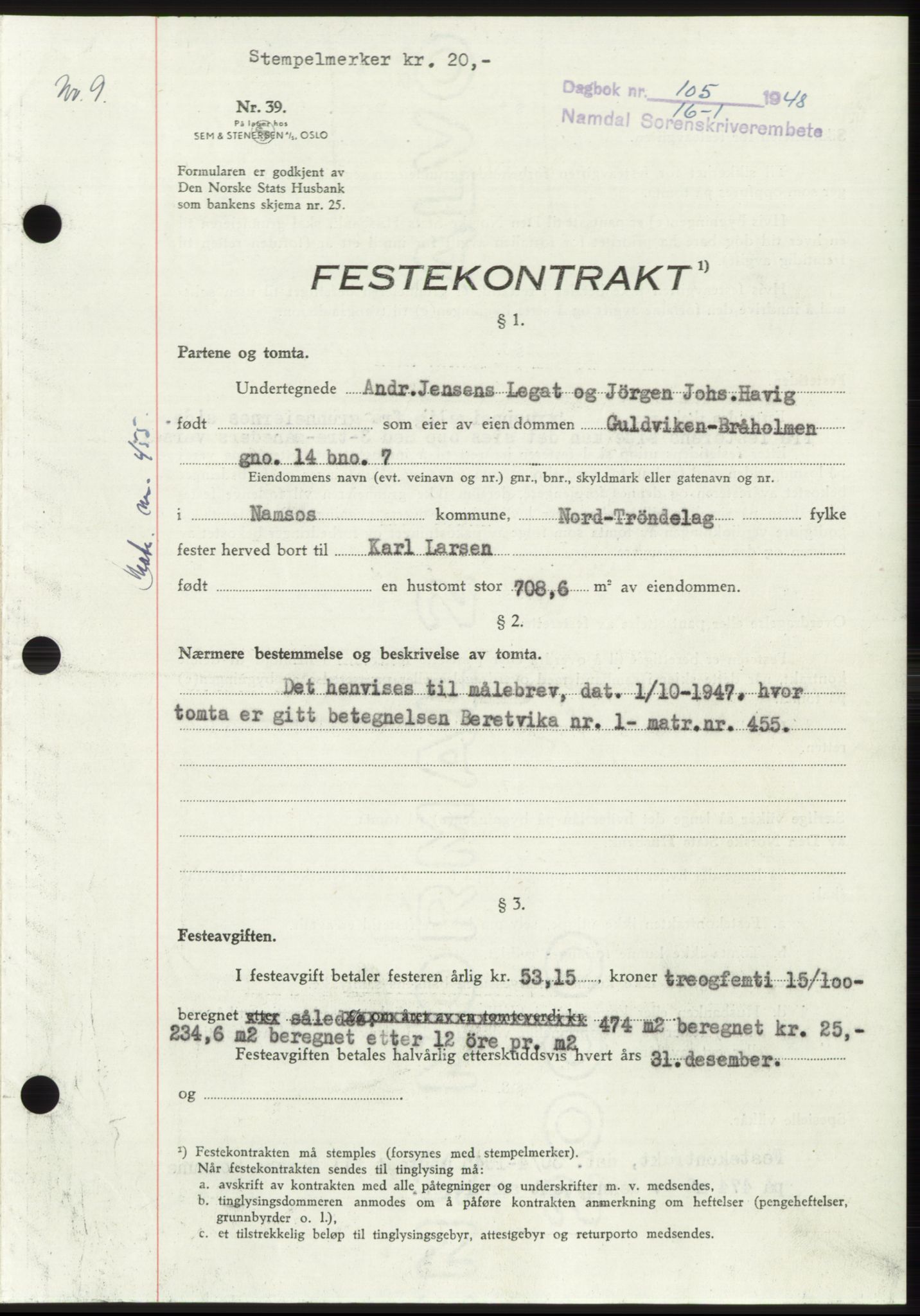 Namdal sorenskriveri, SAT/A-4133/1/2/2C: Pantebok nr. -, 1947-1948, Dagboknr: 105/1948