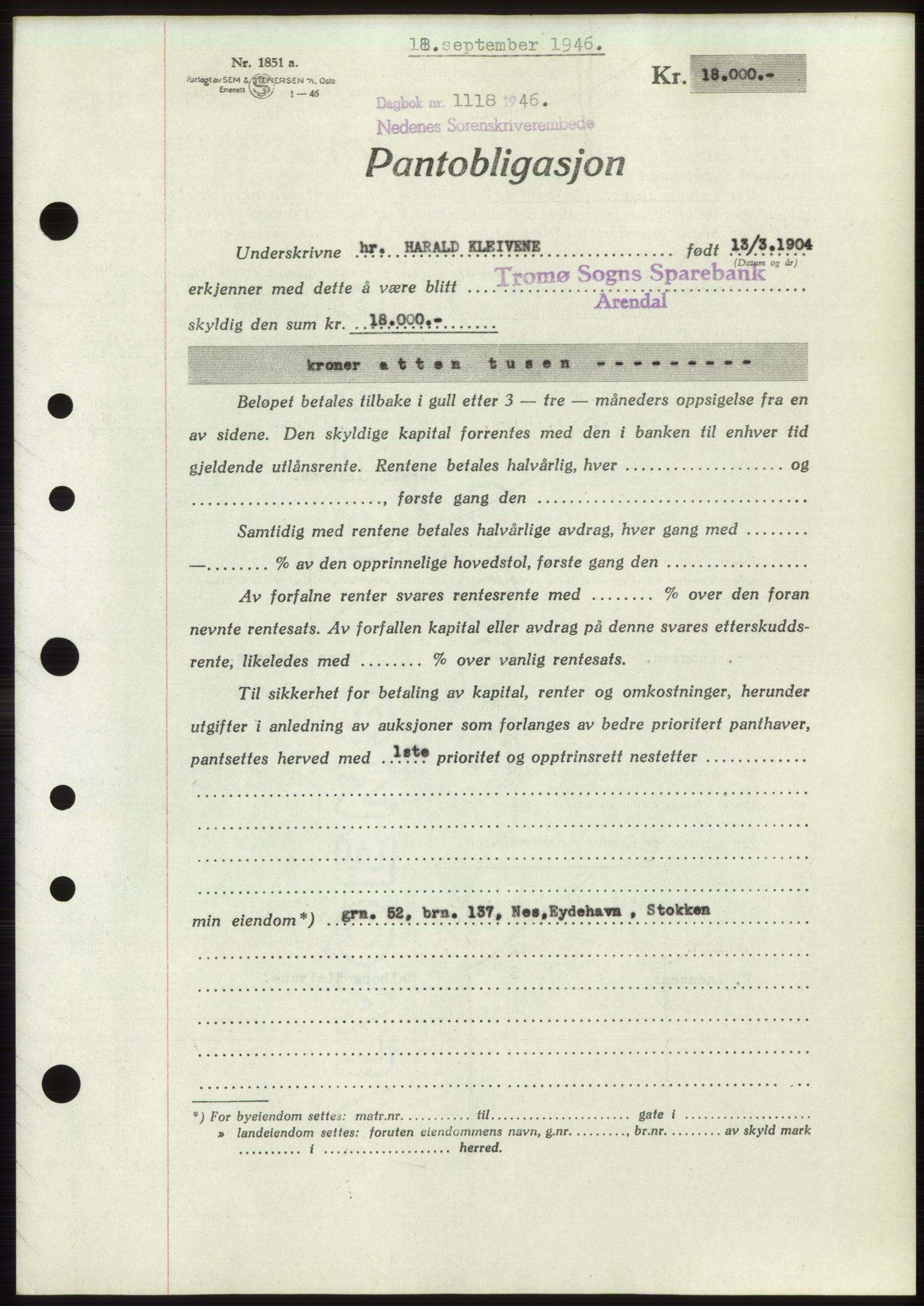 Nedenes sorenskriveri, SAK/1221-0006/G/Gb/Gbb/L0003: Pantebok nr. B3b, 1946-1946, Dagboknr: 1118/1946