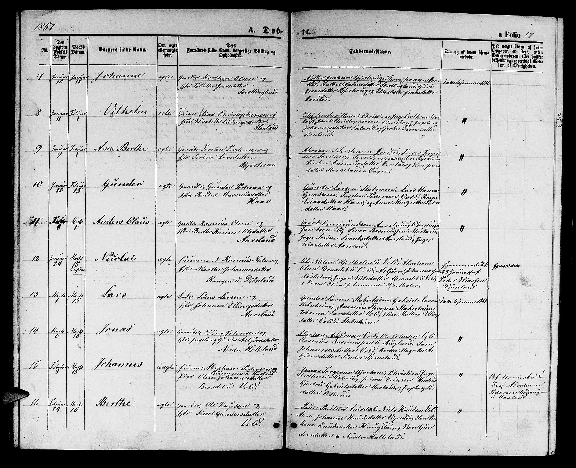 Hå sokneprestkontor, AV/SAST-A-101801/001/30BB/L0002: Klokkerbok nr. B 2, 1854-1883, s. 17