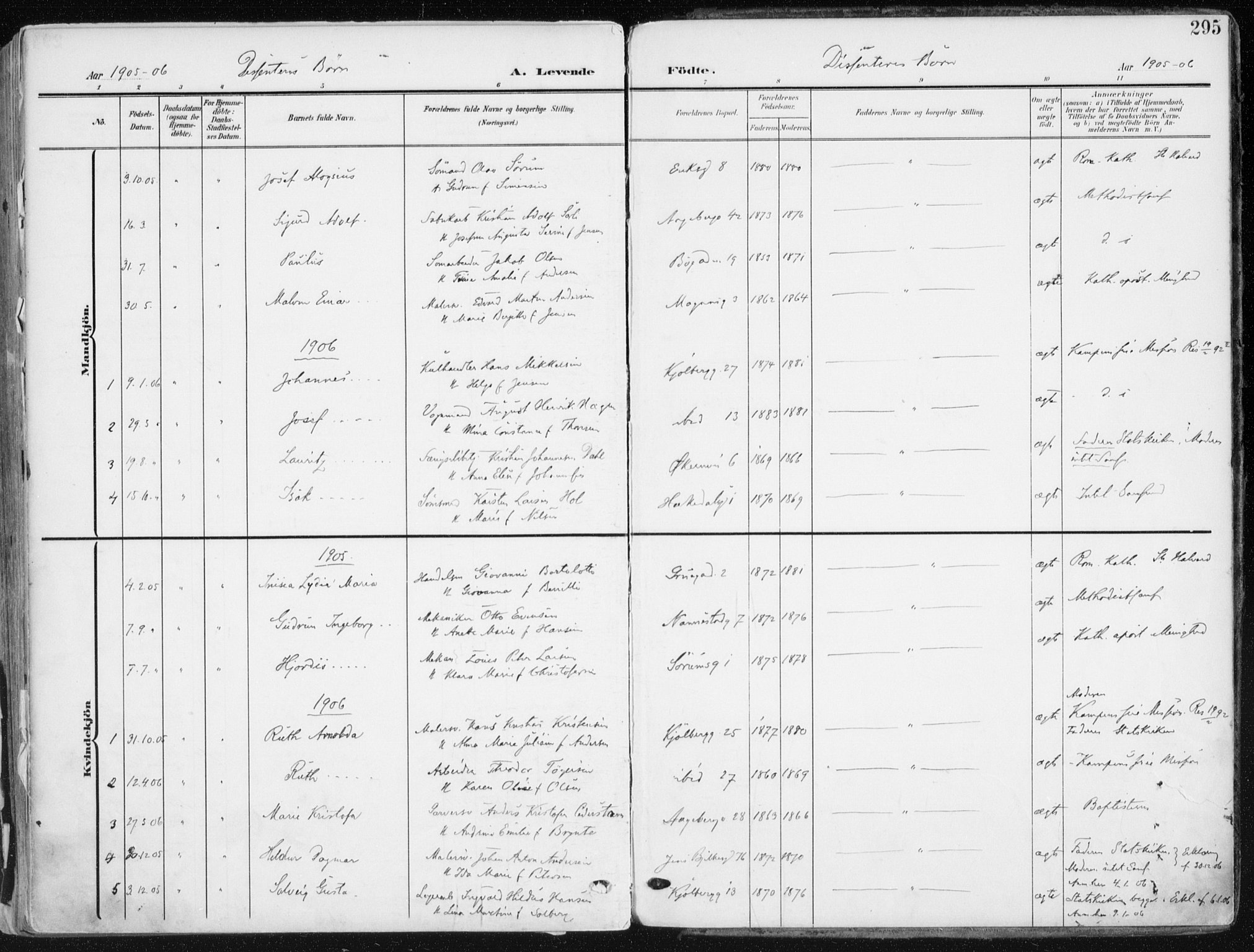 Kampen prestekontor Kirkebøker, AV/SAO-A-10853/F/Fa/L0010: Ministerialbok nr. I 10, 1905-1917, s. 295
