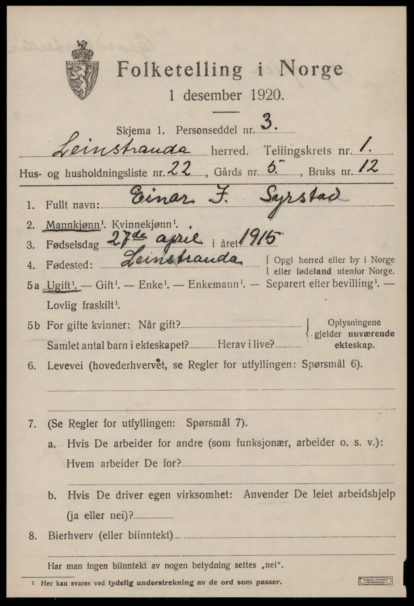 SAT, Folketelling 1920 for 1654 Leinstrand herred, 1920, s. 849