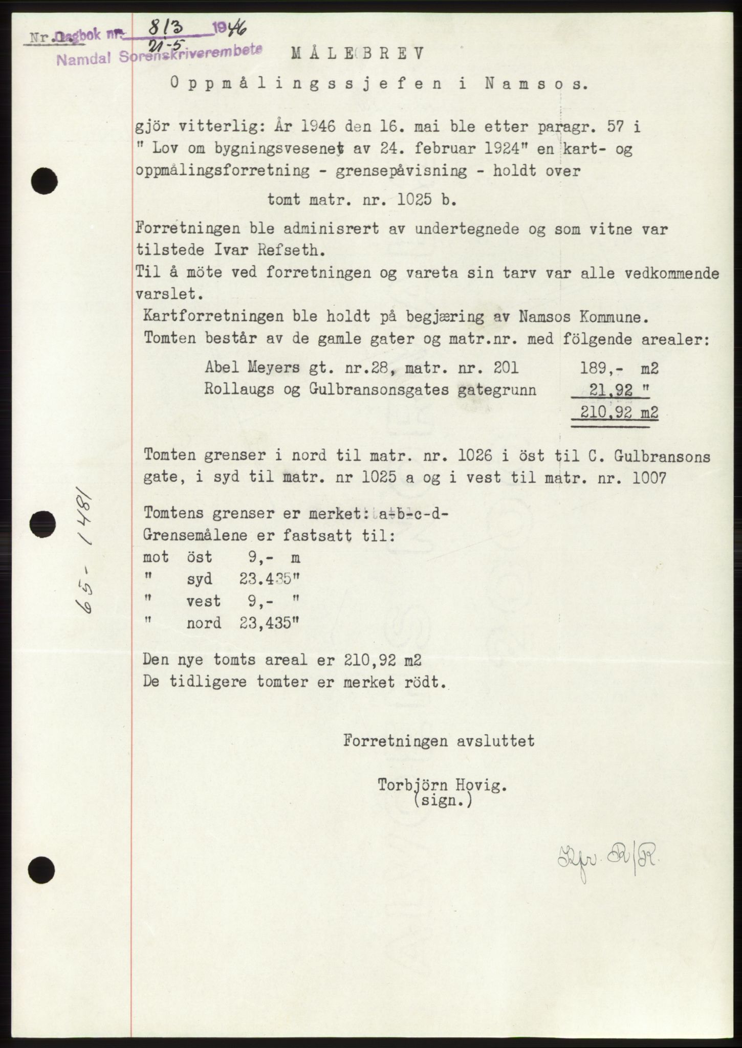 Namdal sorenskriveri, SAT/A-4133/1/2/2C: Pantebok nr. -, 1946-1946, Dagboknr: 813/1946