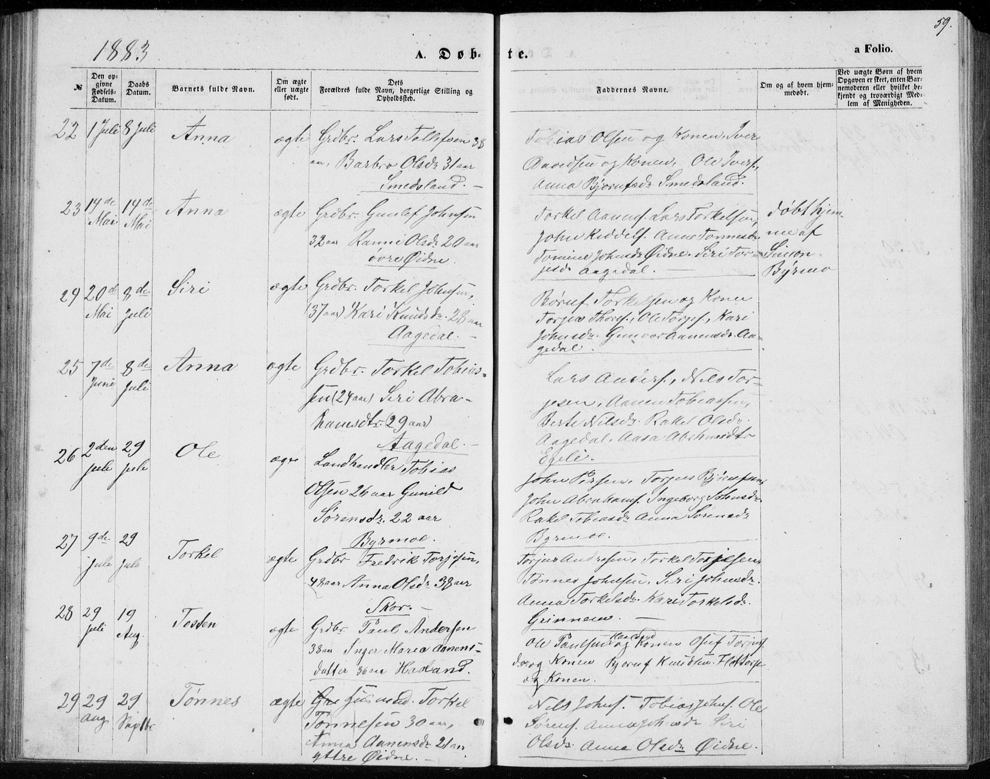 Bjelland sokneprestkontor, SAK/1111-0005/F/Fb/Fbc/L0002: Klokkerbok nr. B 2, 1867-1887, s. 59