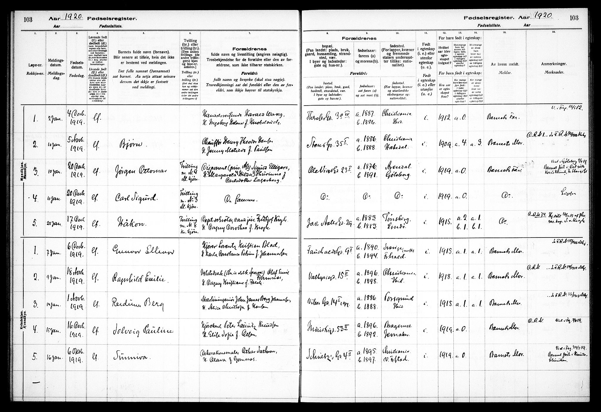 Fagerborg prestekontor Kirkebøker, AV/SAO-A-10844/J/Ja/L0001: Fødselsregister nr. 1, 1916-1925, s. 103