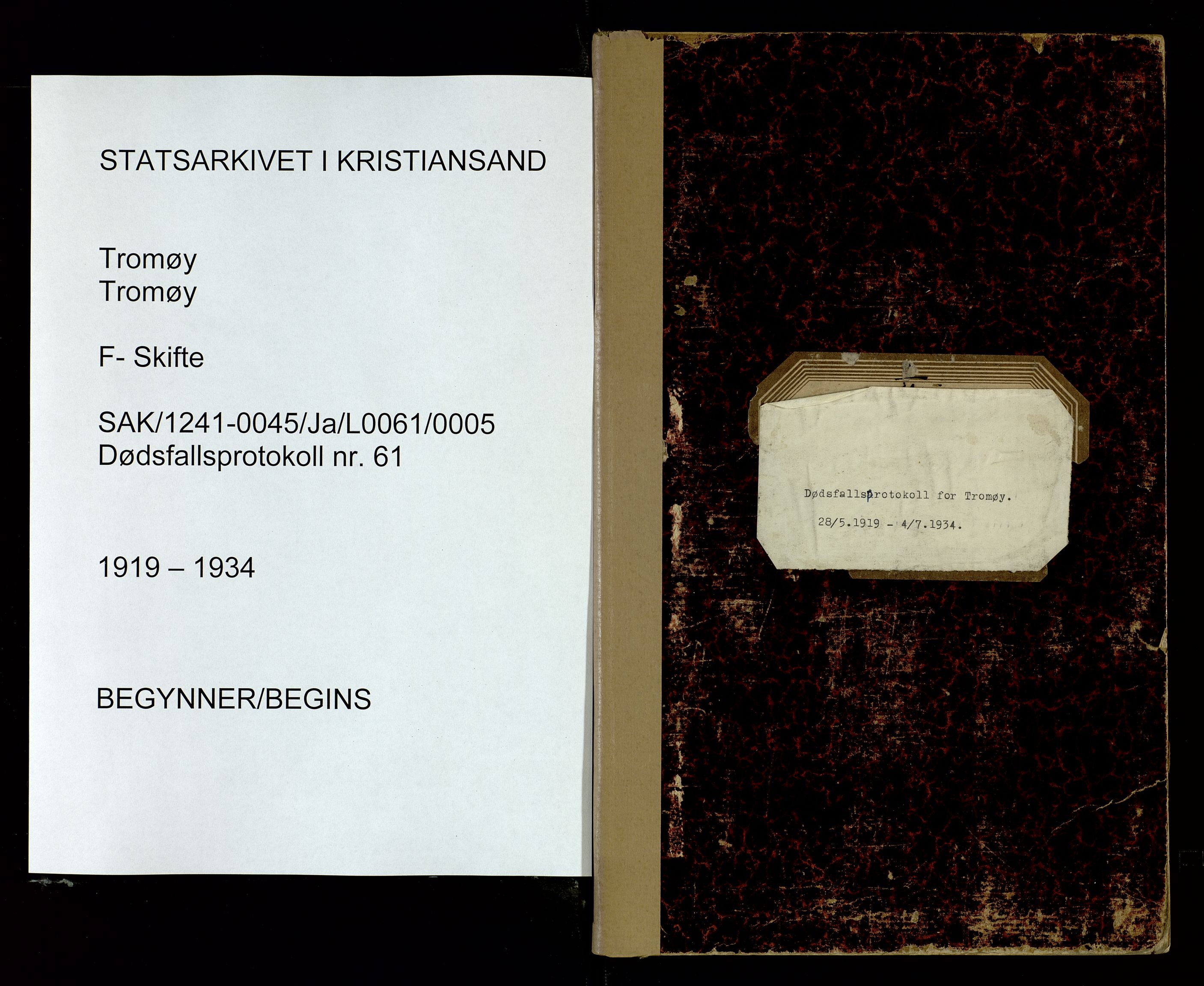 Tromøy lensmannskontor, SAK/1241-0045/Ja/L0061/0005: Inn- og utflyttet/Dødsfall / Dødsfallsprotokoll, 1919-1934