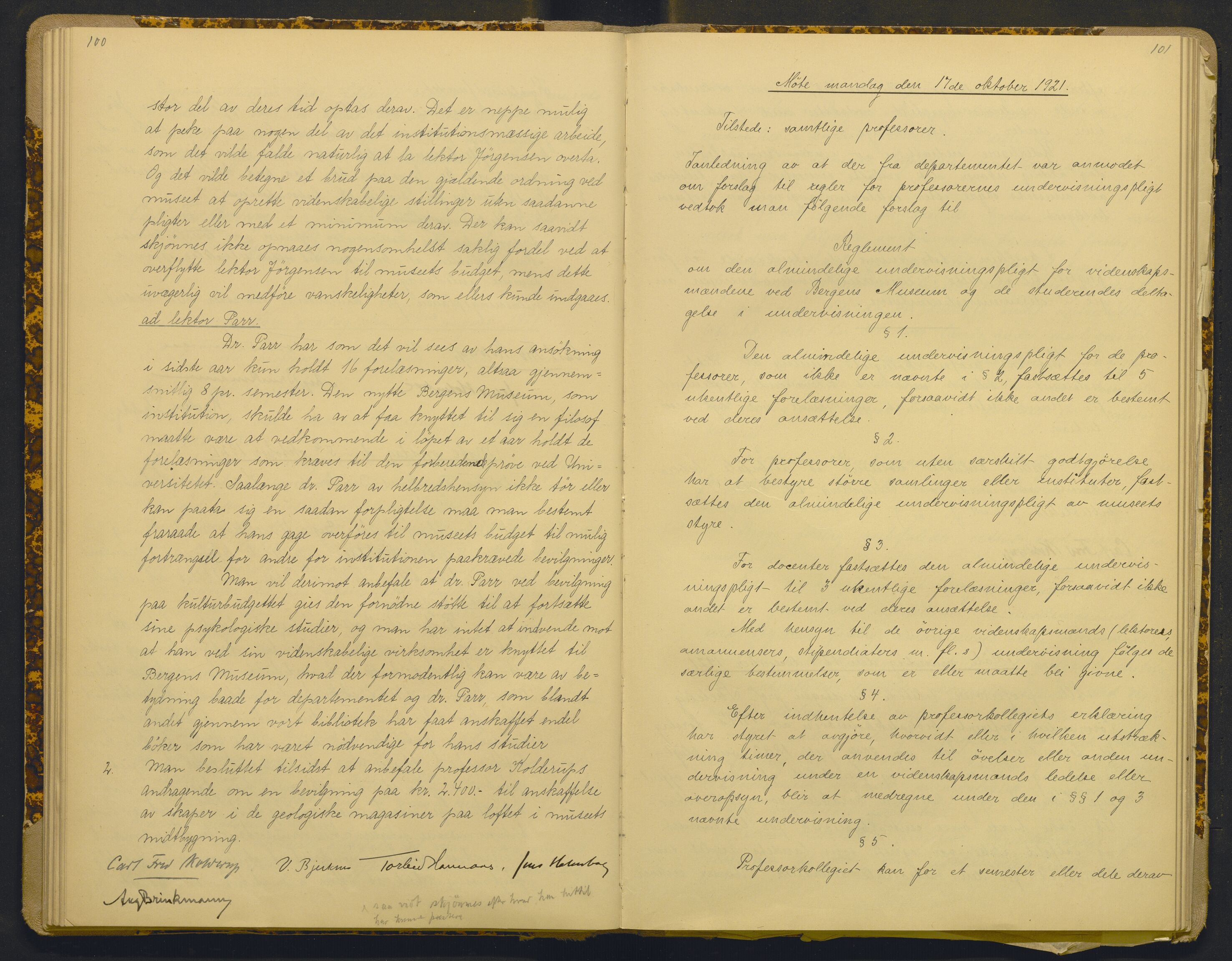 Bergens Museum, AV/SAB-A-17301/18/A/L0001: Bestyrerkollegiets forhandlingsprotokoll med register , 1907-1927, s. 100-101