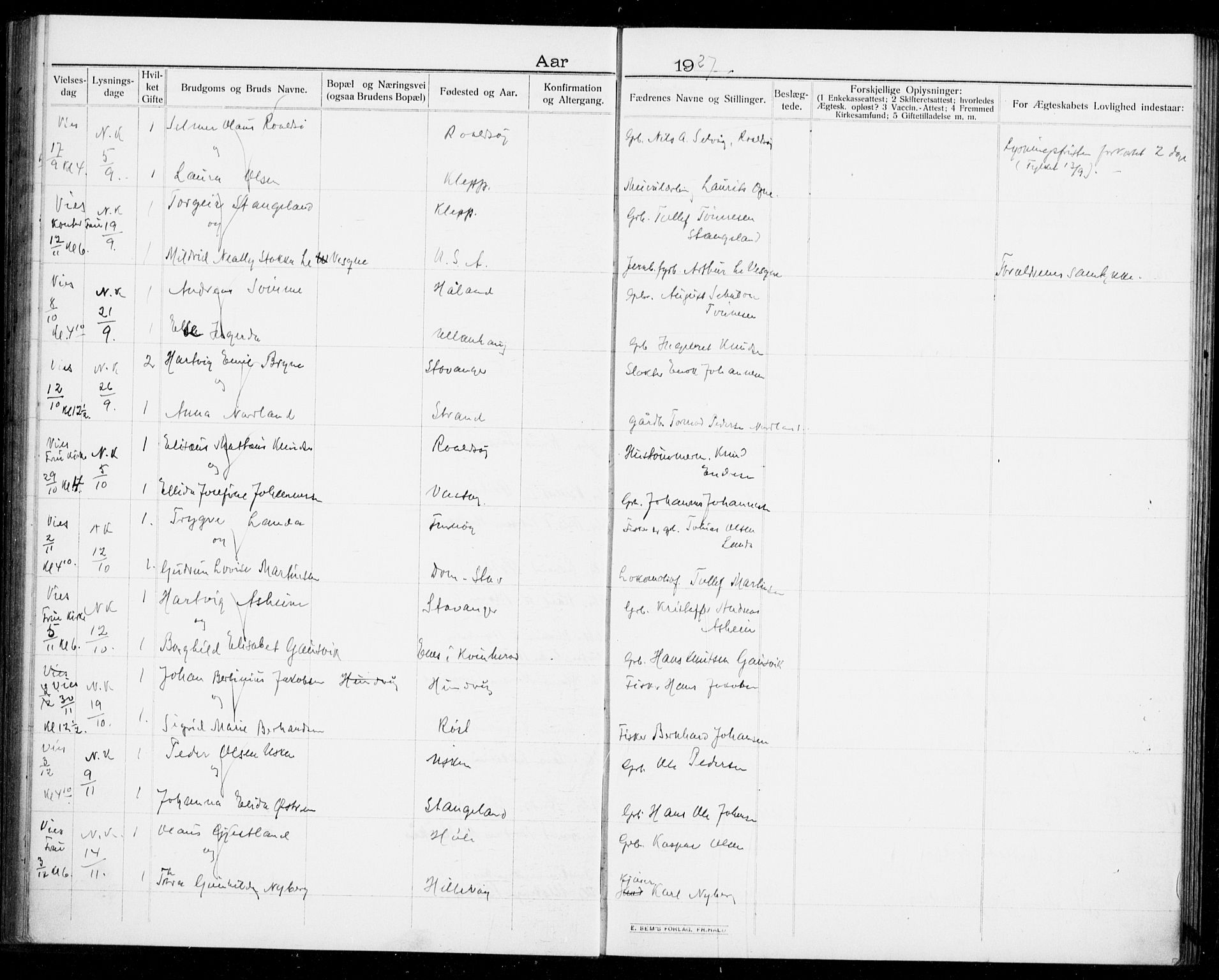 Hetland sokneprestkontor, SAST/A-101826/70/705BA/L0005: Lysningsprotokoll nr. 705.BA.5, 1911-1935