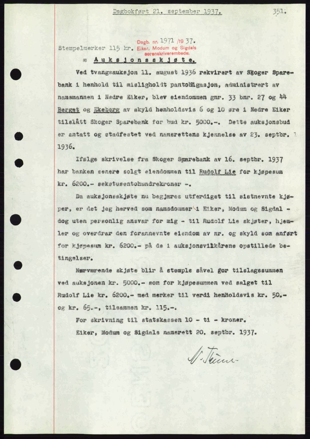 Eiker, Modum og Sigdal sorenskriveri, SAKO/A-123/G/Ga/Gab/L0036: Pantebok nr. A6, 1937-1937, Dagboknr: 1971/1937
