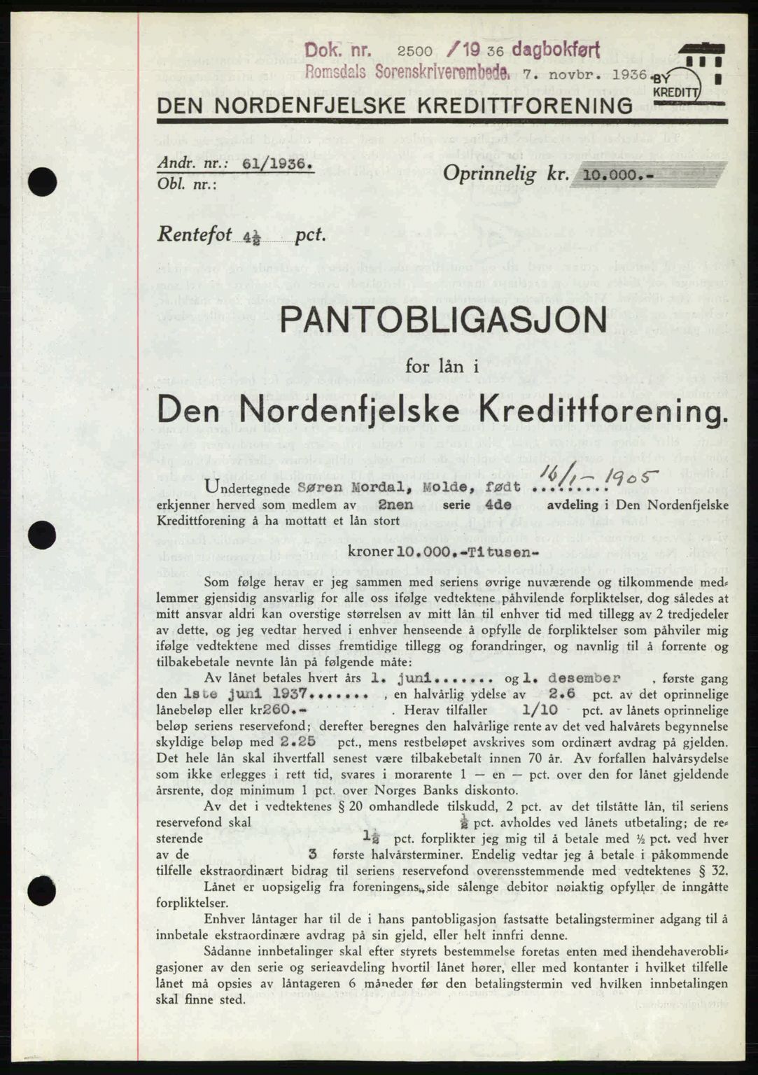 Romsdal sorenskriveri, SAT/A-4149/1/2/2C: Pantebok nr. B1, 1936-1939, Dagboknr: 2500/1936