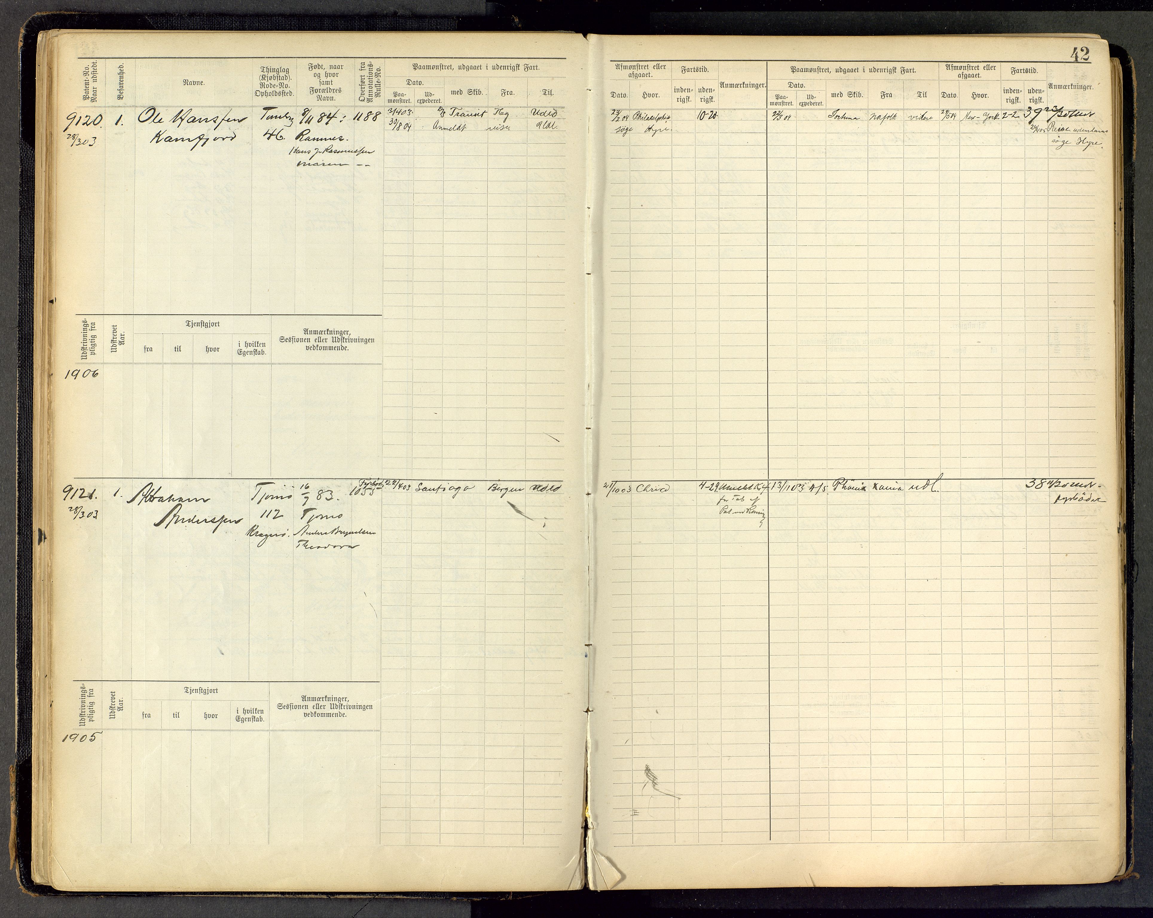 Tønsberg innrulleringskontor, AV/SAKO-A-786/F/Fc/Fca/L0011: Hovedrulle Patent nr. 9038-9992, 1900-1912, s. 42