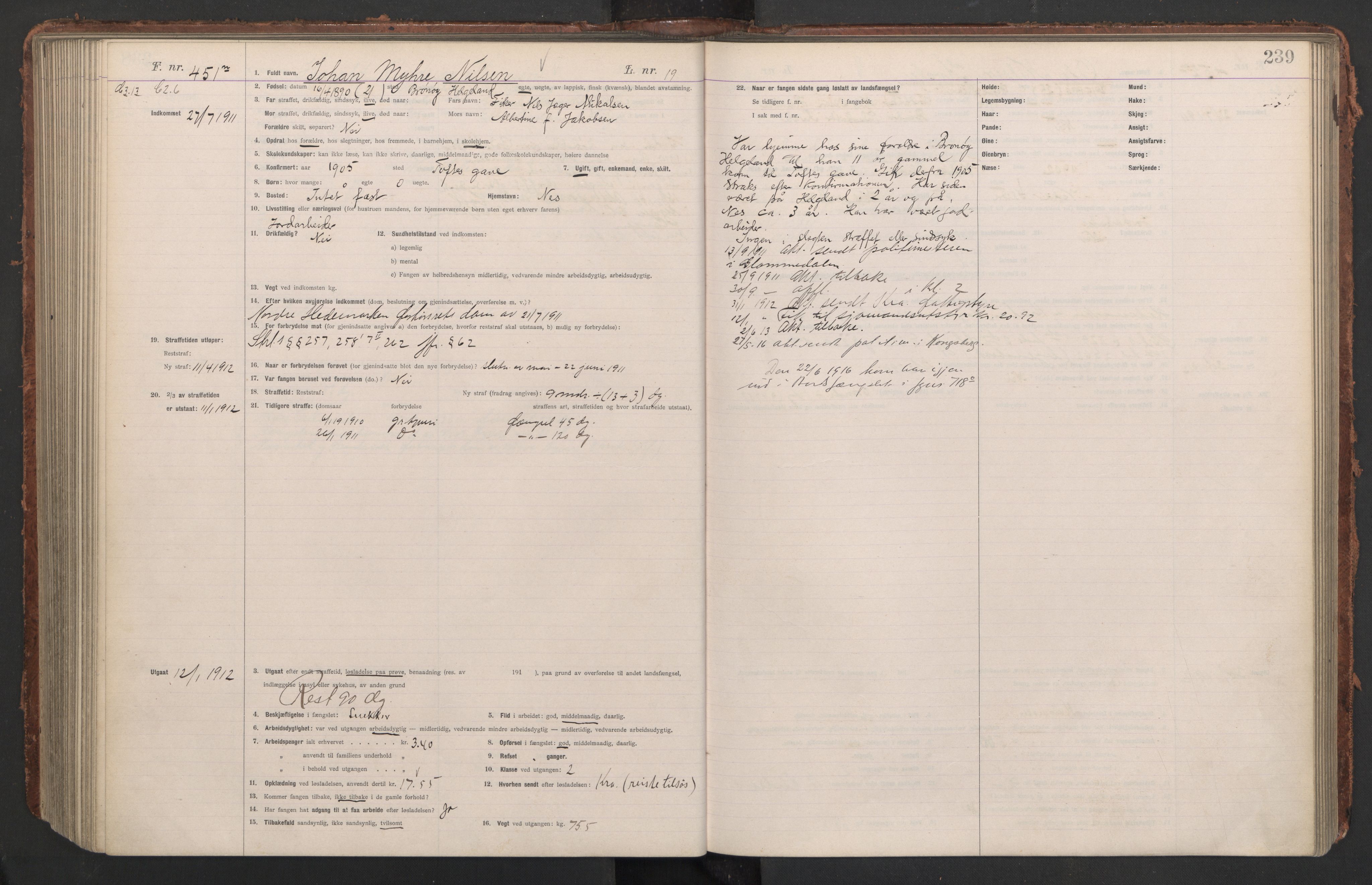 Botsfengslet, AV/RA-S-1539/D/Db/Dbb/L0044: 213n - 553n, 1910-1912, s. 239