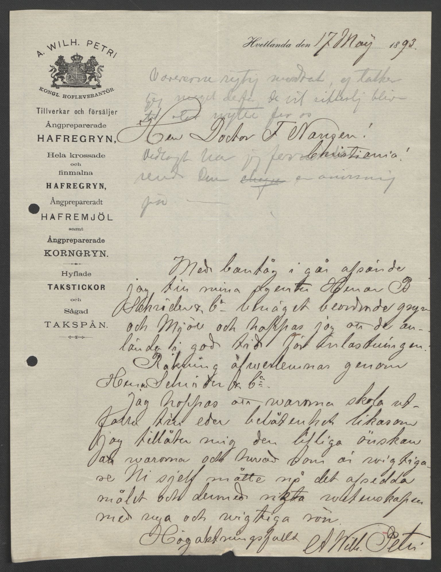 Arbeidskomitéen for Fridtjof Nansens polarekspedisjon, AV/RA-PA-0061/D/L0004: Innk. brev og telegrammer vedr. proviant og utrustning, 1892-1893, s. 761