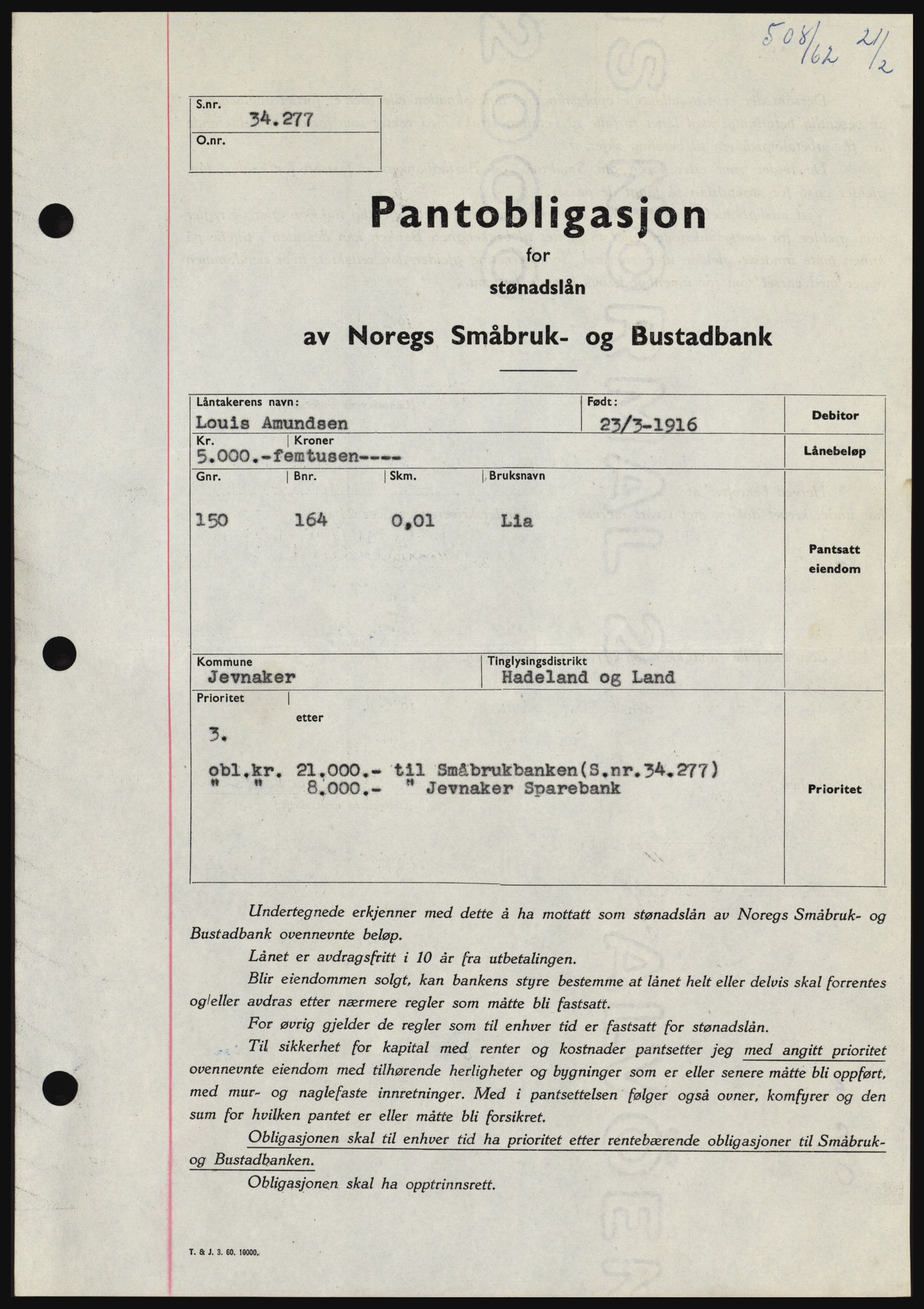 Hadeland og Land tingrett, SAH/TING-010/H/Hb/Hbc/L0047: Pantebok nr. B47, 1961-1962, Dagboknr: 508/1962