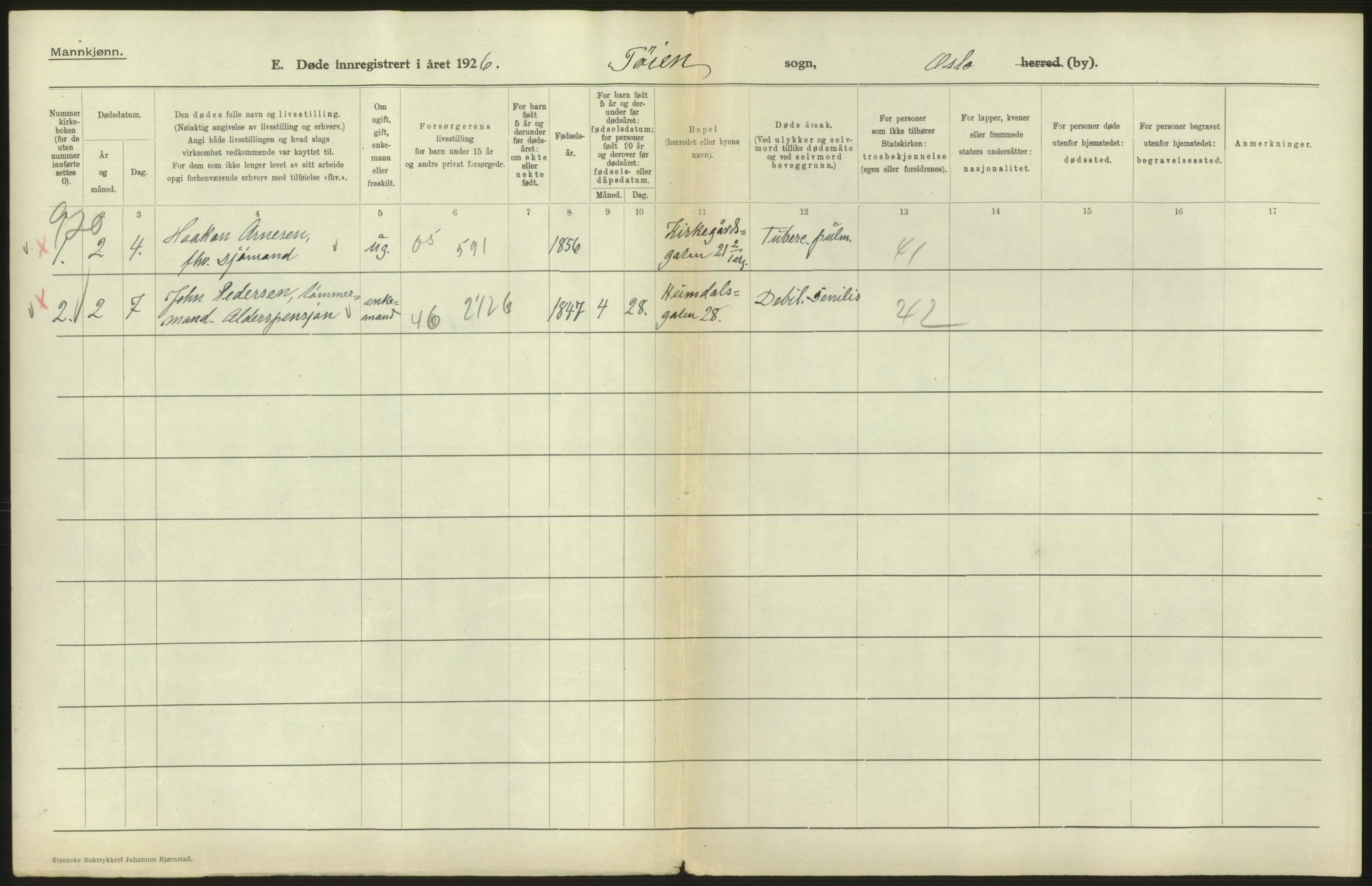 Statistisk sentralbyrå, Sosiodemografiske emner, Befolkning, AV/RA-S-2228/D/Df/Dfc/Dfcf/L0009: Oslo: Døde menn, 1926, s. 440