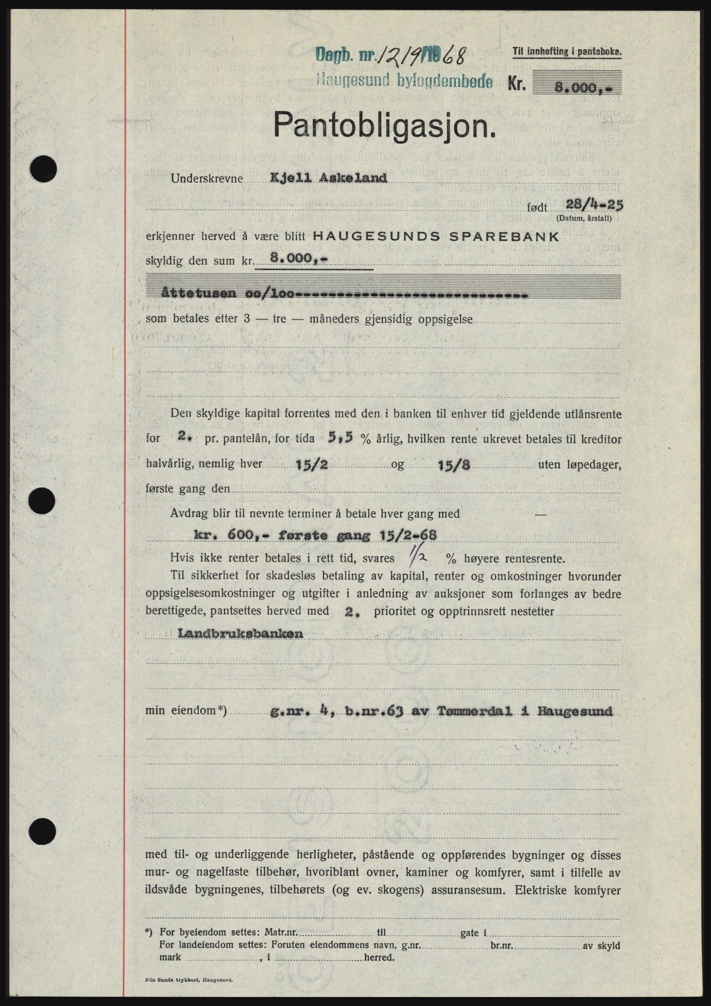 Haugesund tingrett, SAST/A-101415/01/II/IIC/L0058: Pantebok nr. B 58, 1967-1968, Dagboknr: 1219/1968