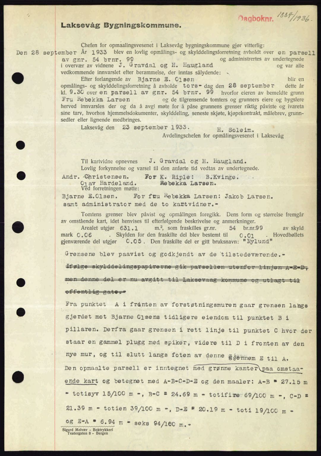 Midhordland sorenskriveri, SAB/A-3001/1/G/Gb/Gbk/L0001: Pantebok nr. A1-6, 1936-1937, Dagboknr: 1884/1936