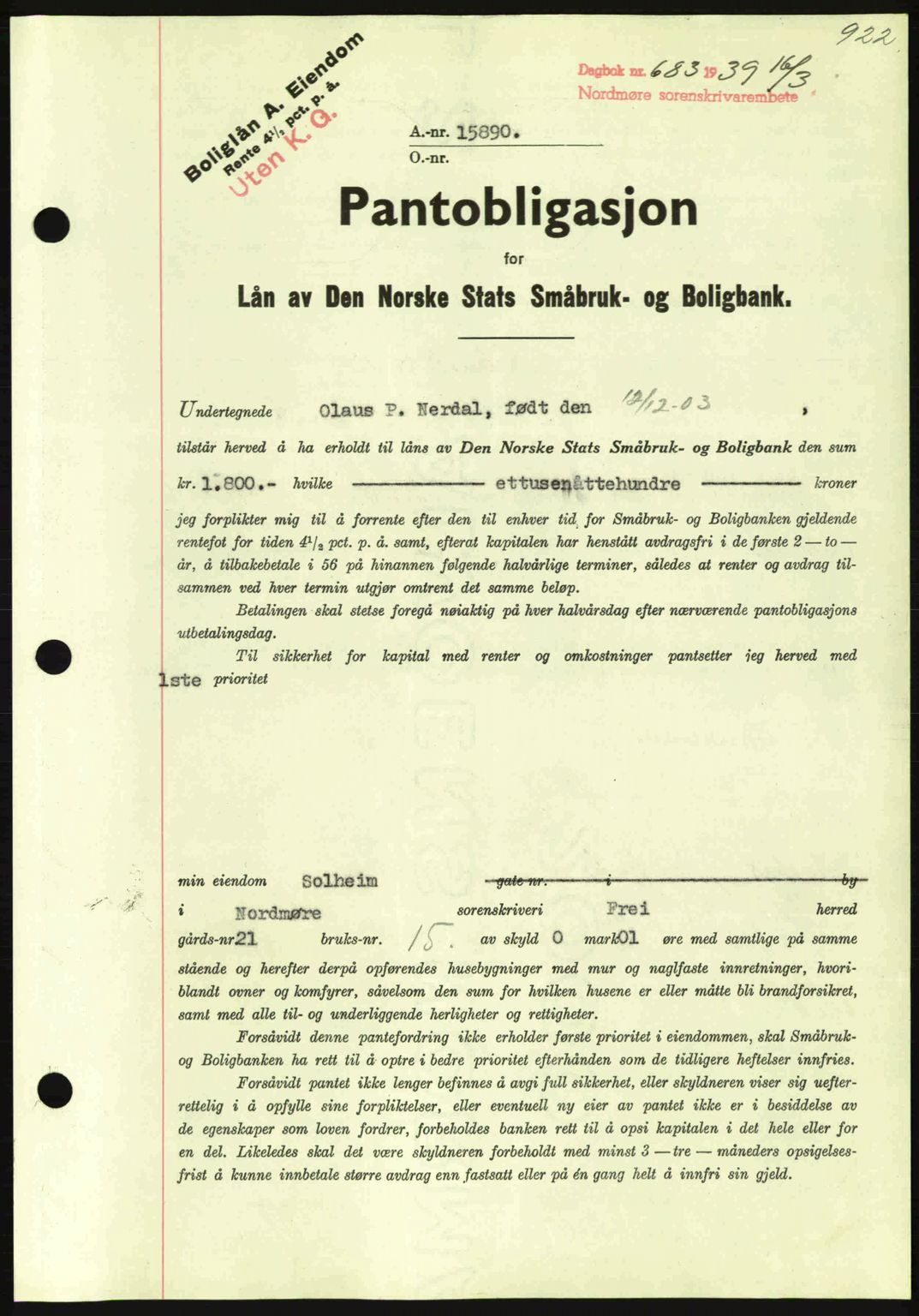 Nordmøre sorenskriveri, SAT/A-4132/1/2/2Ca: Pantebok nr. B84, 1938-1939, Dagboknr: 683/1939