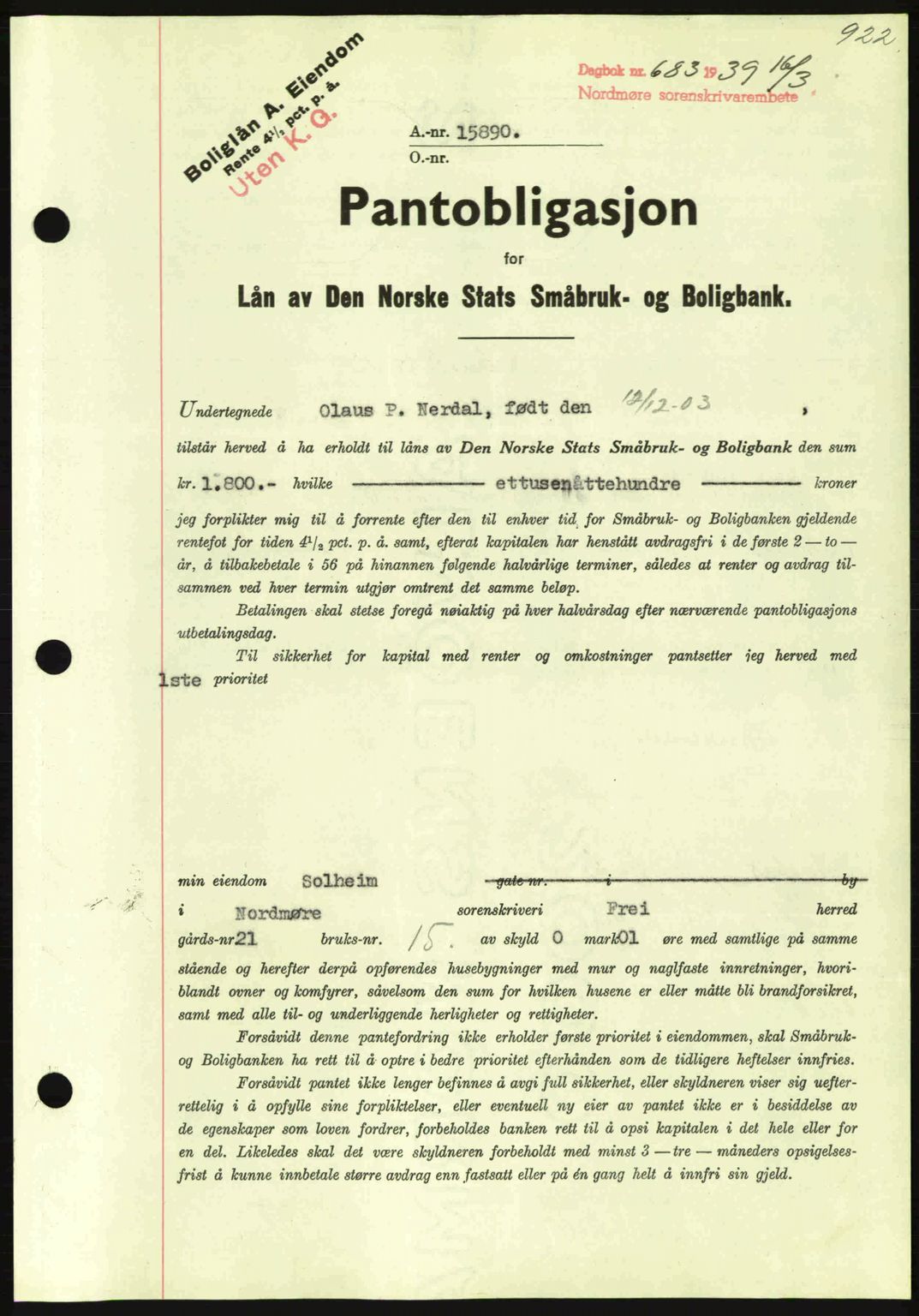 Nordmøre sorenskriveri, AV/SAT-A-4132/1/2/2Ca: Pantebok nr. B84, 1938-1939, Dagboknr: 683/1939