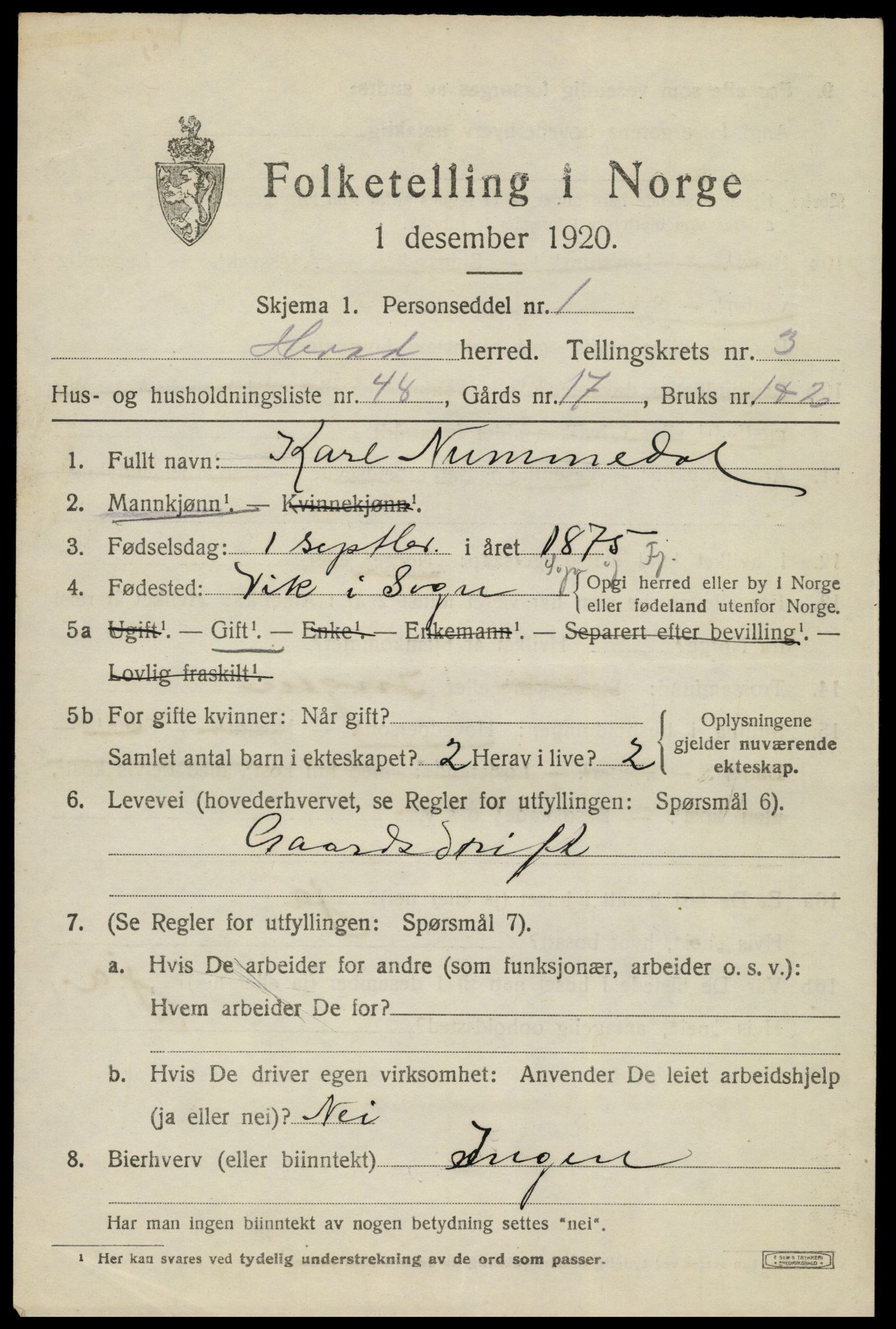 SAK, Folketelling 1920 for 1039 Herad herred, 1920, s. 1710