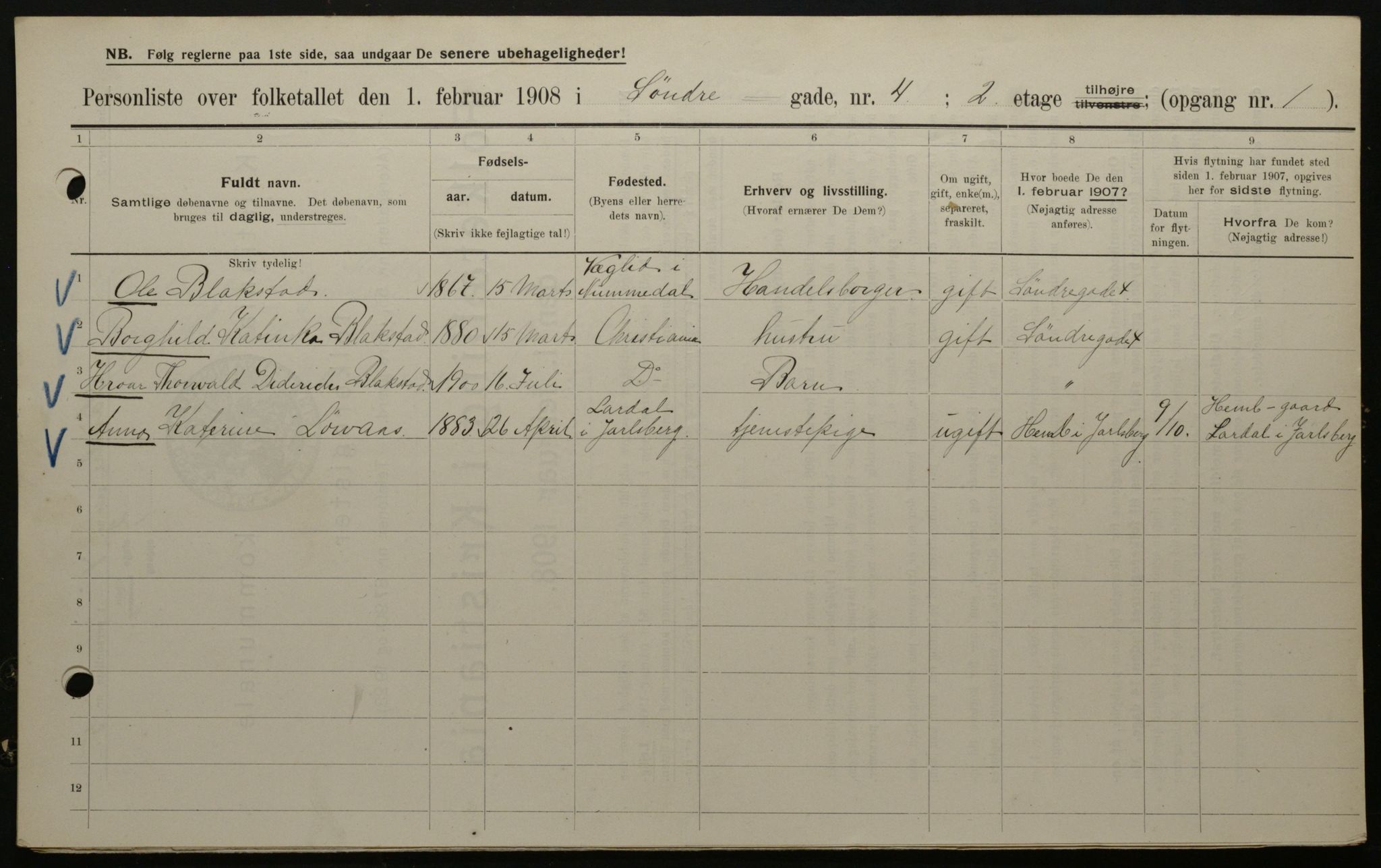 OBA, Kommunal folketelling 1.2.1908 for Kristiania kjøpstad, 1908, s. 95576
