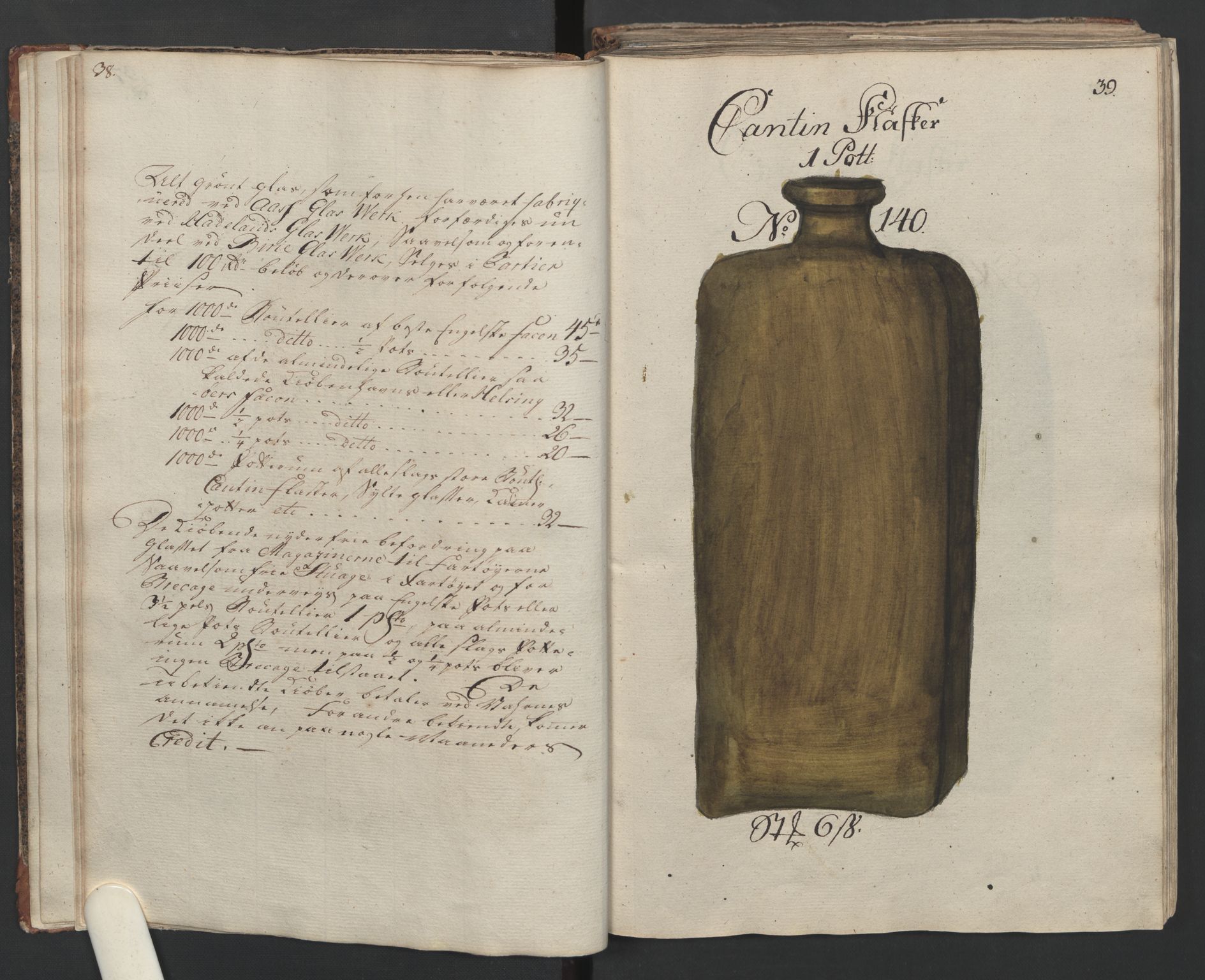 Glassverk, samlinger, AV/RA-PA-0001/F/Fa/L0036: Modellbok for Nøstetangens og Aas' produkter med prisangivelse,, 1763, s. 38-39