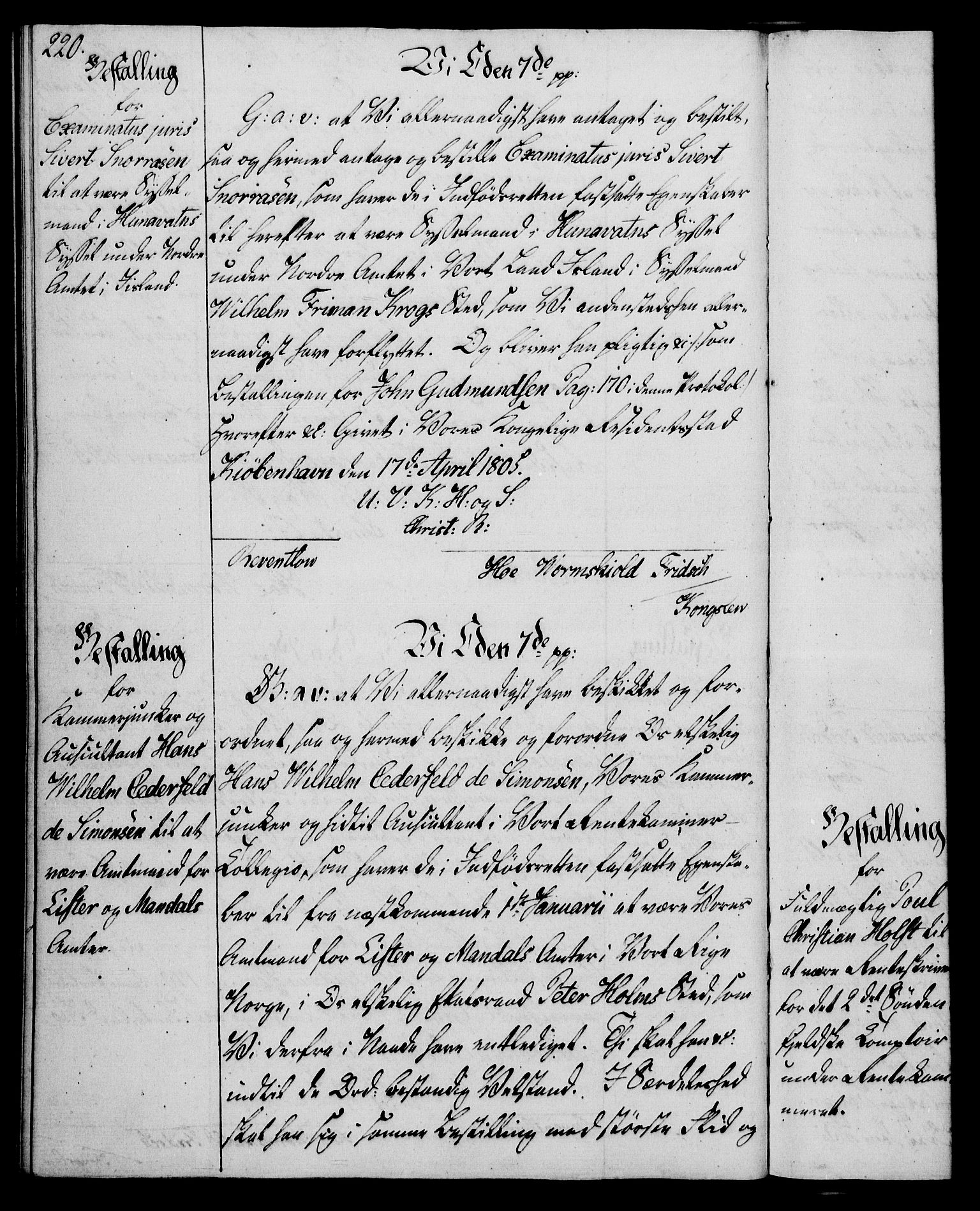 Rentekammeret, Kammerkanselliet, RA/EA-3111/G/Gg/Gge/L0006: Norsk bestallingsprotokoll med register (merket RK 53.30), 1773-1814, s. 220