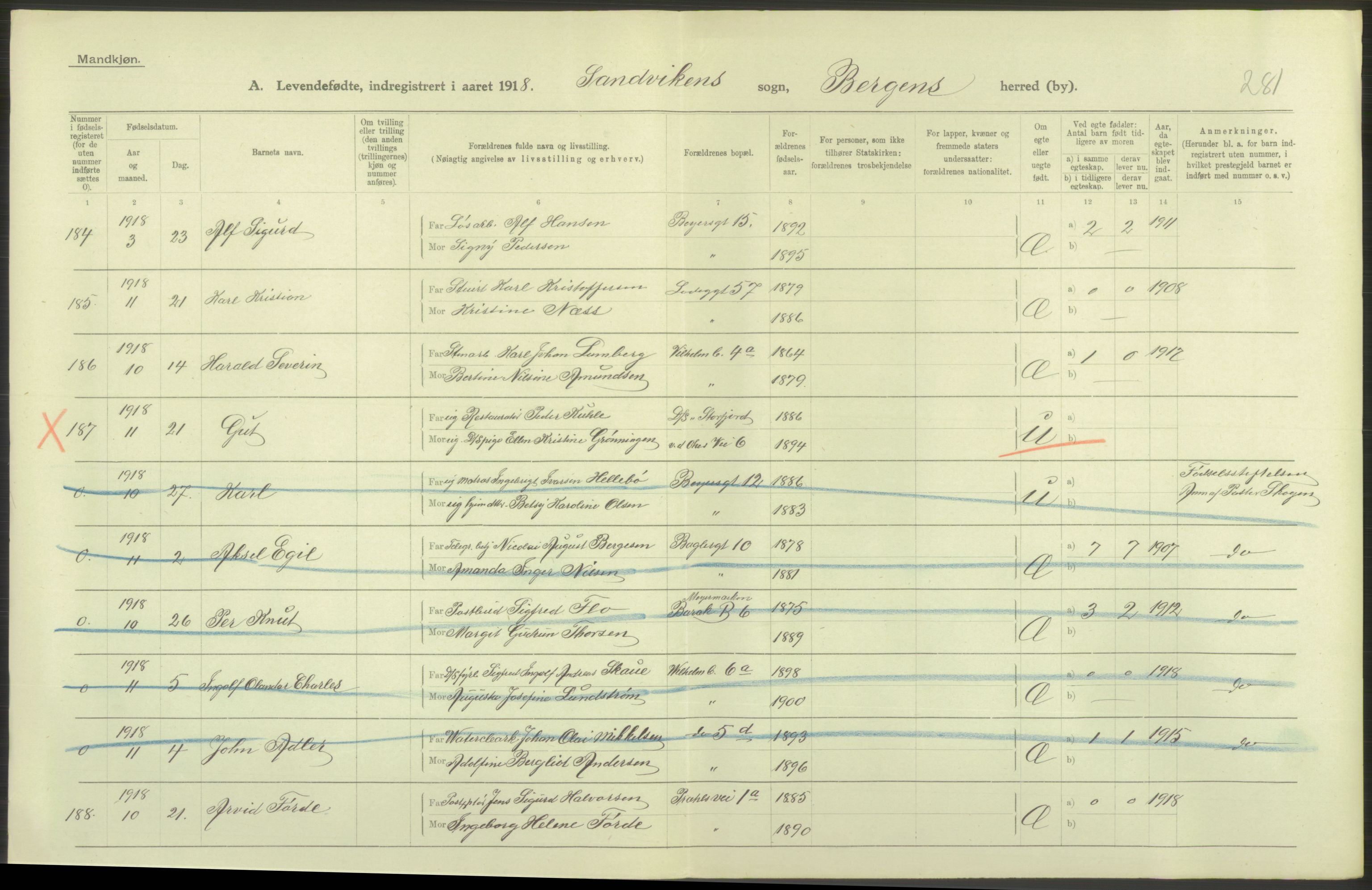 Statistisk sentralbyrå, Sosiodemografiske emner, Befolkning, AV/RA-S-2228/D/Df/Dfb/Dfbh/L0037: Bergen: Levendefødte menn og kvinner., 1918, s. 296