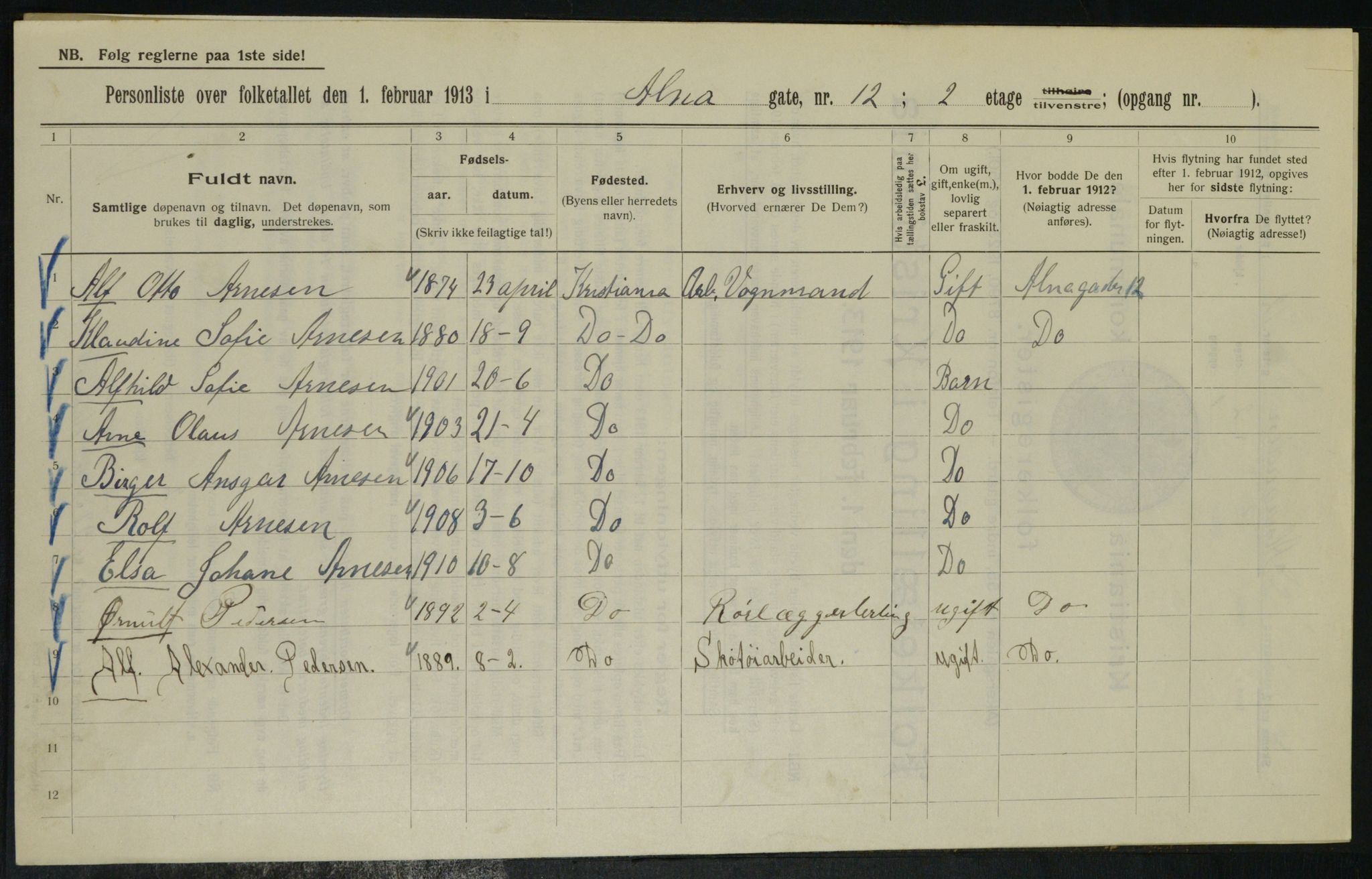 OBA, Kommunal folketelling 1.2.1913 for Kristiania, 1913, s. 1246