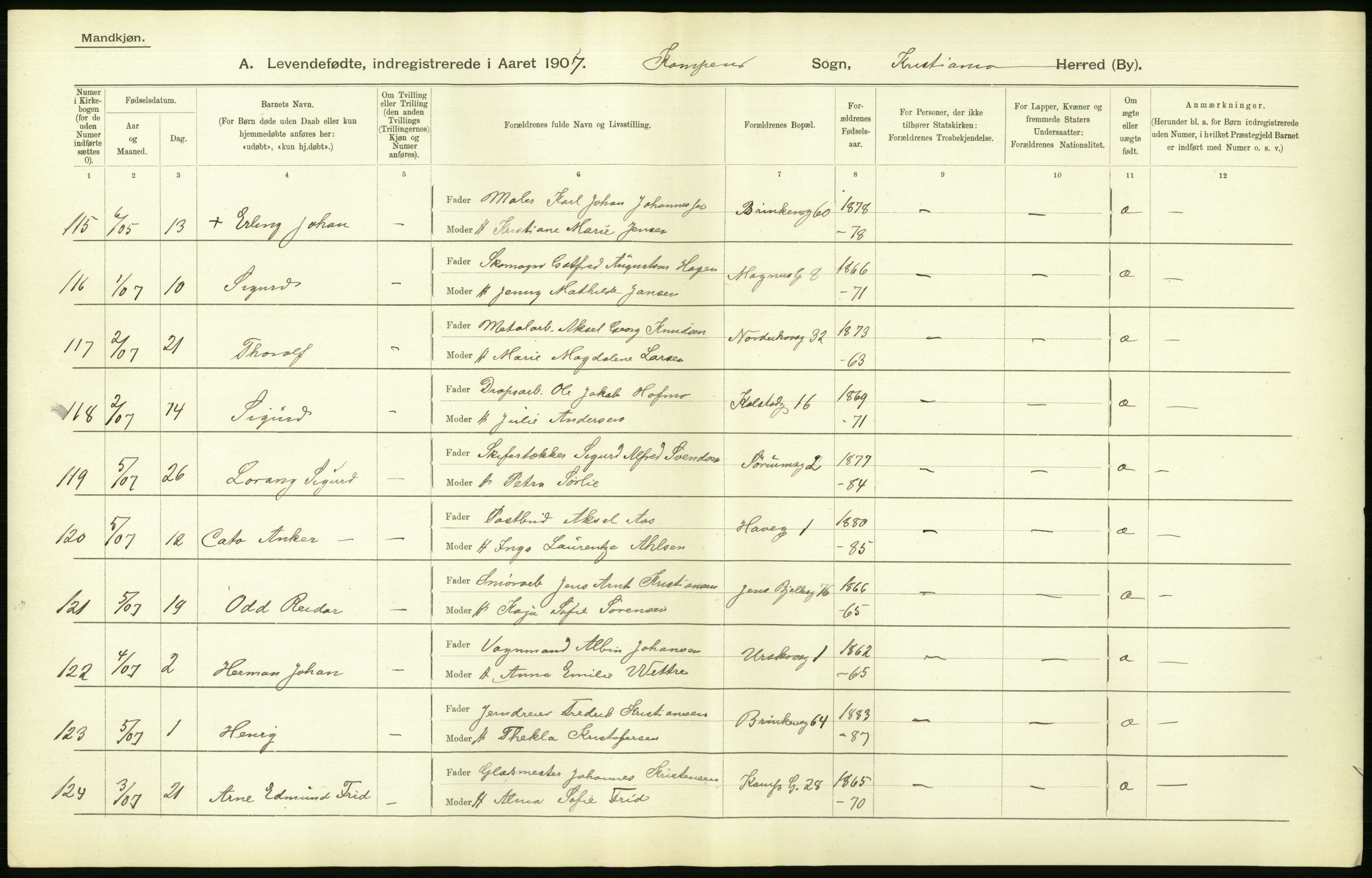 Statistisk sentralbyrå, Sosiodemografiske emner, Befolkning, AV/RA-S-2228/D/Df/Dfa/Dfae/L0007: Kristiania: Levendefødte menn og kvinner., 1907, s. 456