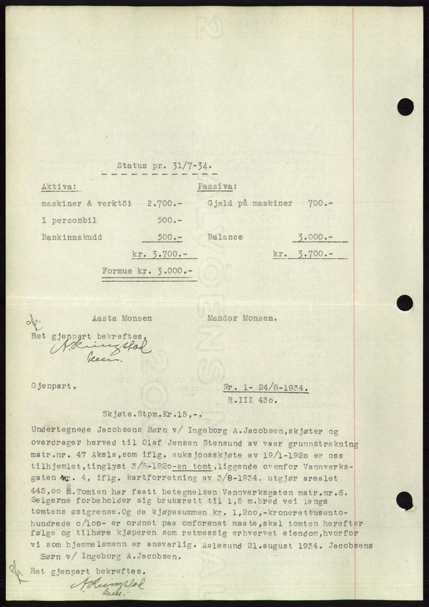 Ålesund byfogd, AV/SAT-A-4384: Pantebok nr. 31, 1933-1934, Tingl.dato: 21.08.1934