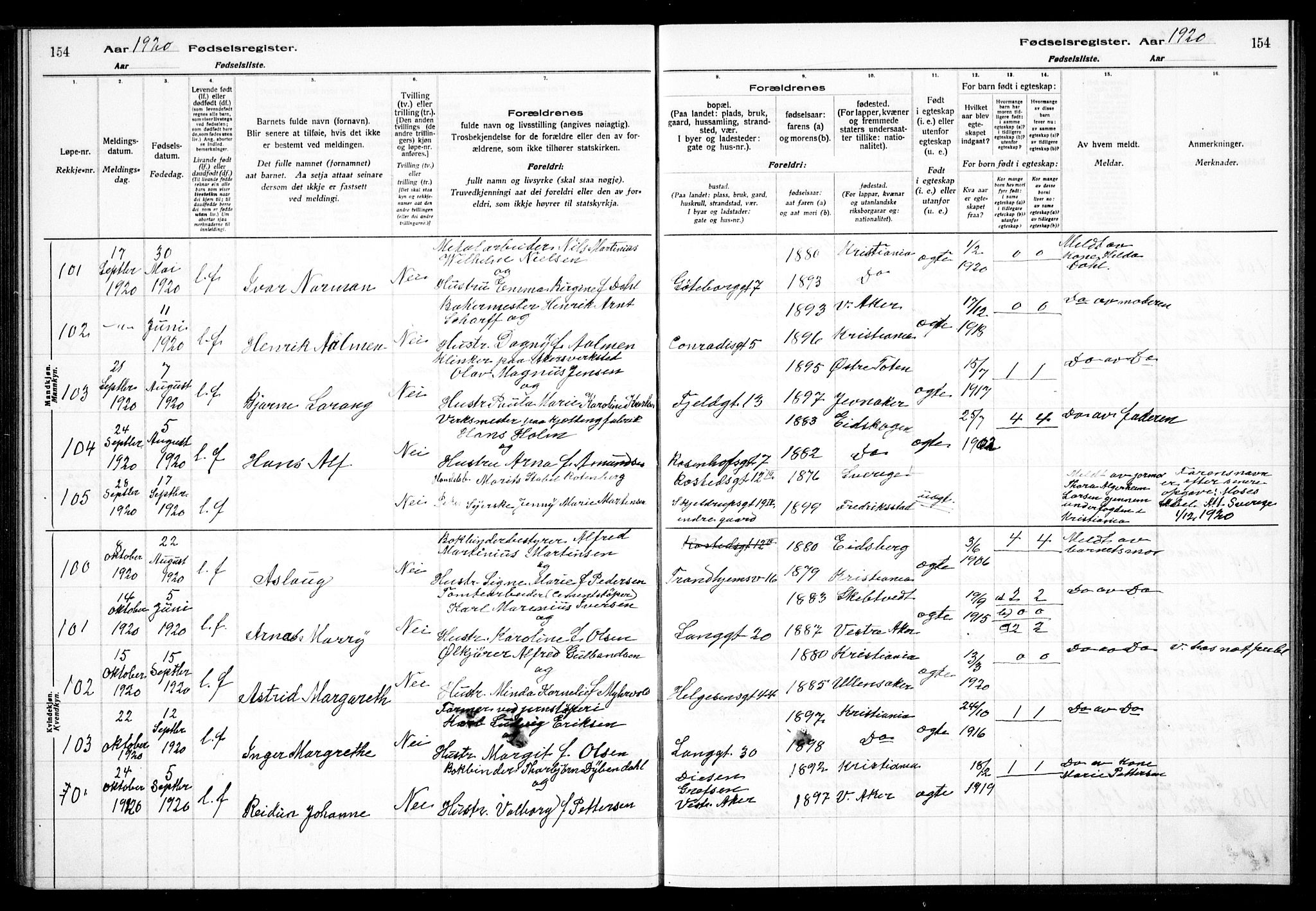 Petrus prestekontor Kirkebøker, AV/SAO-A-10872/J/Ja/L0001: Fødselsregister nr. 1, 1916-1922, s. 154
