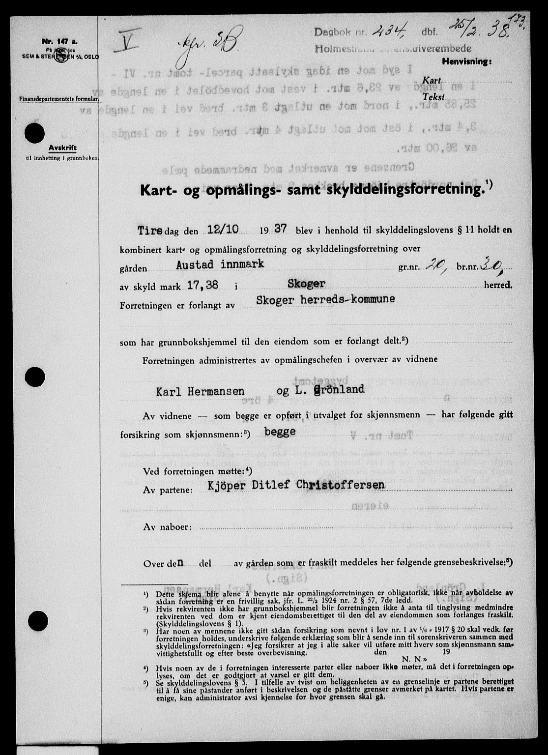 Holmestrand sorenskriveri, SAKO/A-67/G/Ga/Gaa/L0049: Pantebok nr. A-49, 1937-1938, Dagboknr: 234/1938