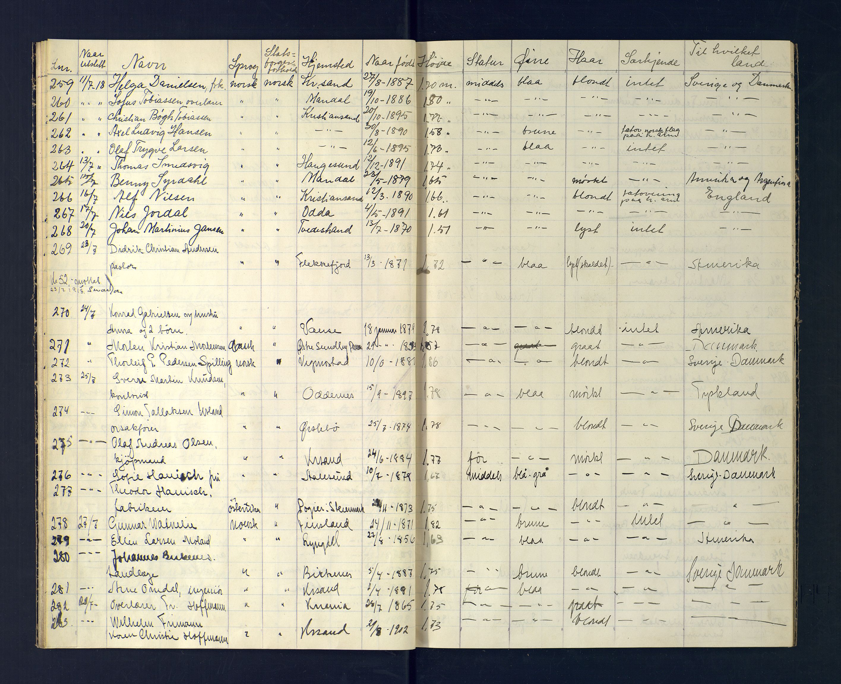 Kristiansand politikammer, AV/SAK-1243-0004/K/Ka/L0228: Passprotokoll foreviste reisepass, 1918-1919